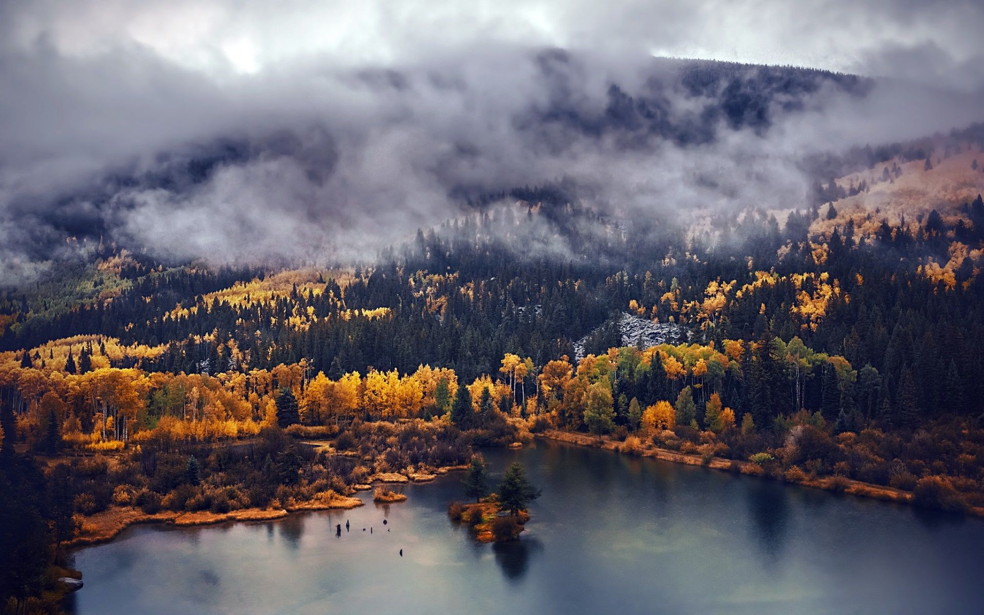 See, Herbstwald, Nebel, Wolken, Insel, Full HD, Desktop-Hintergrund für Windows