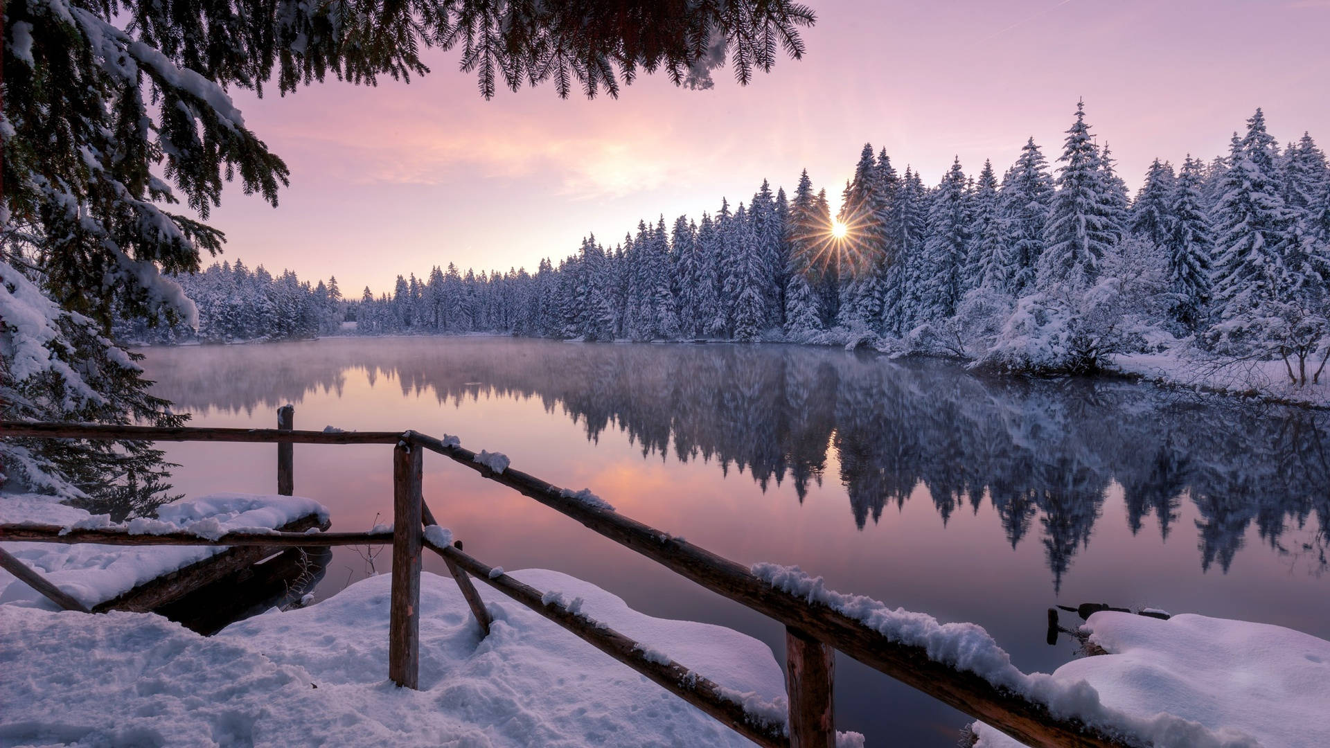See, Winter, Schnee, Steg, Sonnenaufgang, 1920x1080, Full-HD-Hintergrundbild für PC