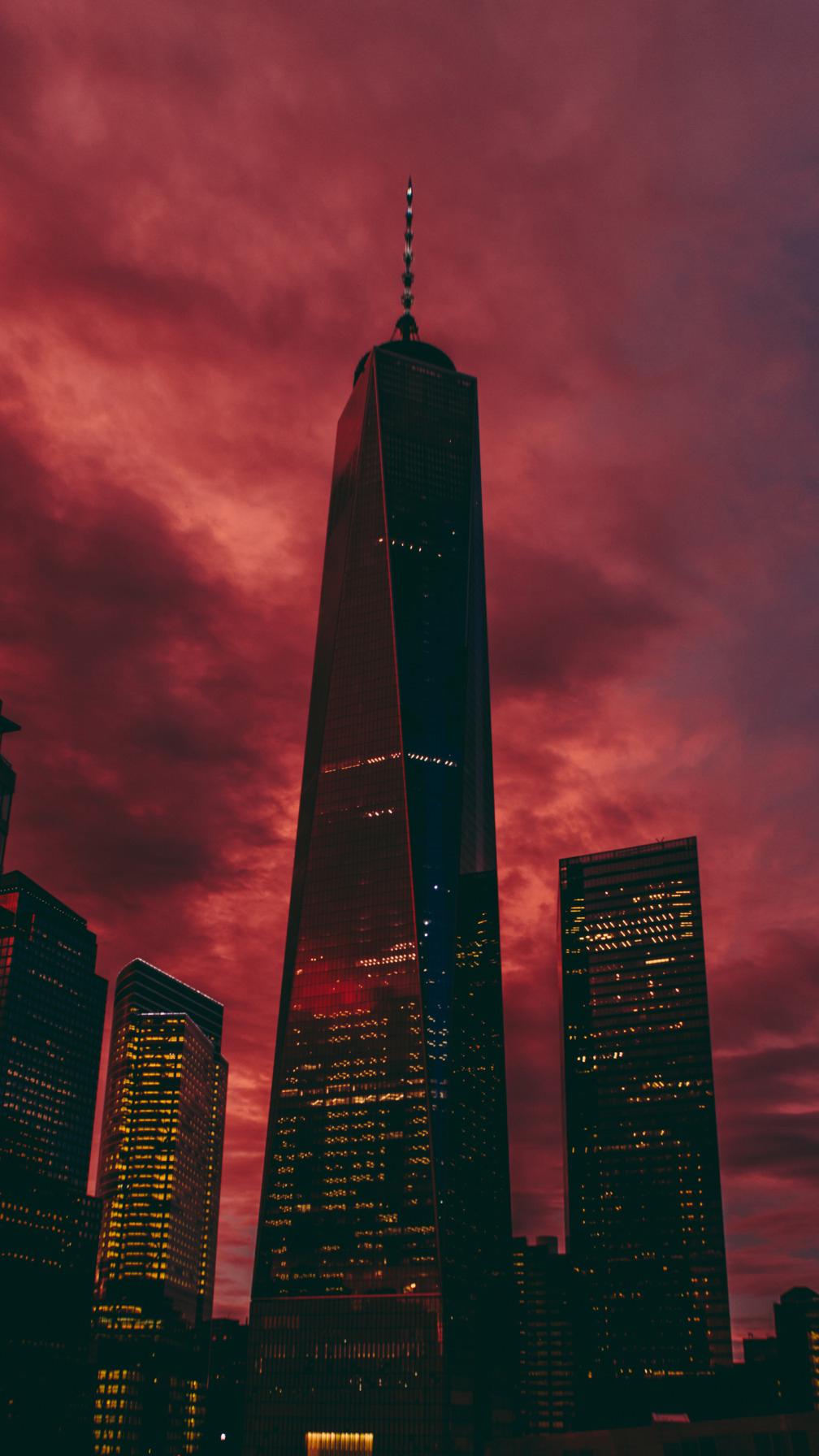 One World Trade Center, New York City, Wolkenkratzer, Roter Himmel, Silhouette, Handy-Hintergrund