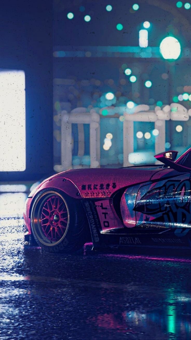 Sportwagen, Neonlicht, Regen, Nacht, Spiegelung, Hochformat, Hintergrundbild fürs Smartphone