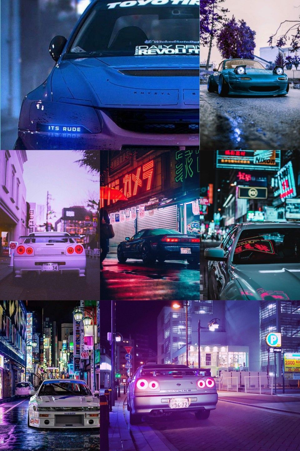 Collage, JDM, Tuning, Nachtstadt, Neon, HD, Hintergrundbild fürs Handy