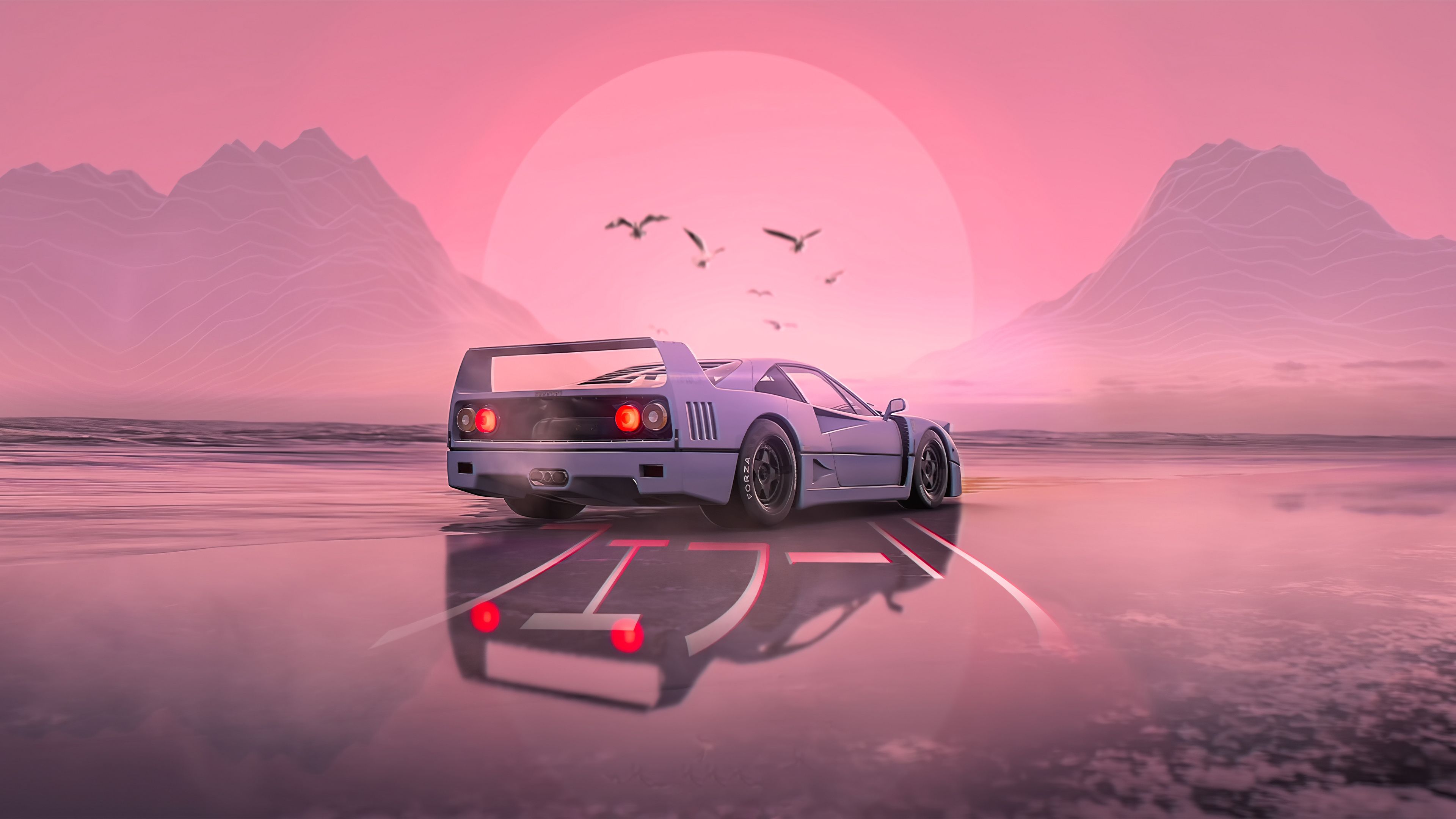 Ferrari F40, Synthwave, Rosa Himmel, Spiegelung, Berge, 16:9, 4K-Hintergrundbild für den Desktop