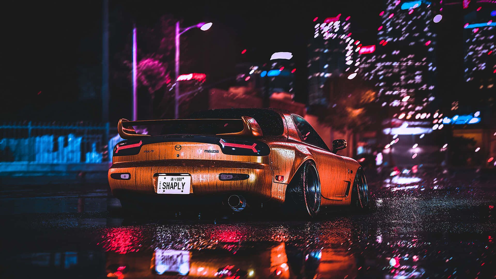 Mazda RX-7, Orange, Neonlicht, Nachtstadt, Regen, 1920x1080, Full-HD-Hintergrundbild für PC
