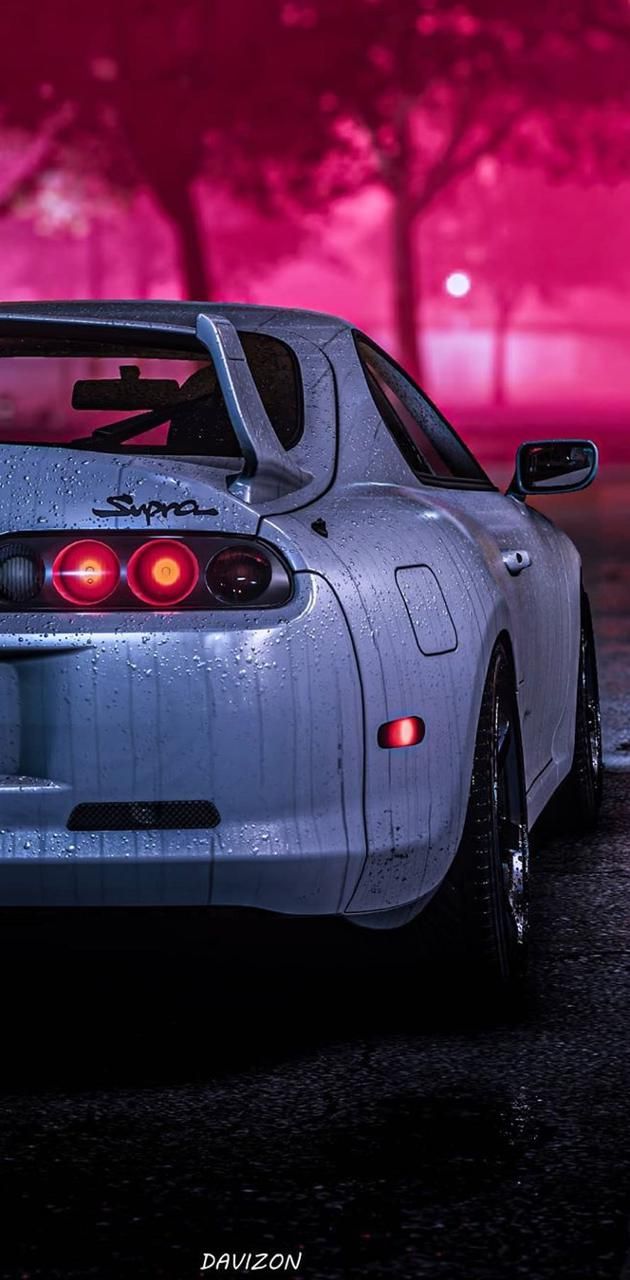 Toyota Supra MK4, Weiß, Rücklichter, Rosa Licht, Nacht, Hochformat, Hintergrundbild fürs Smartphone