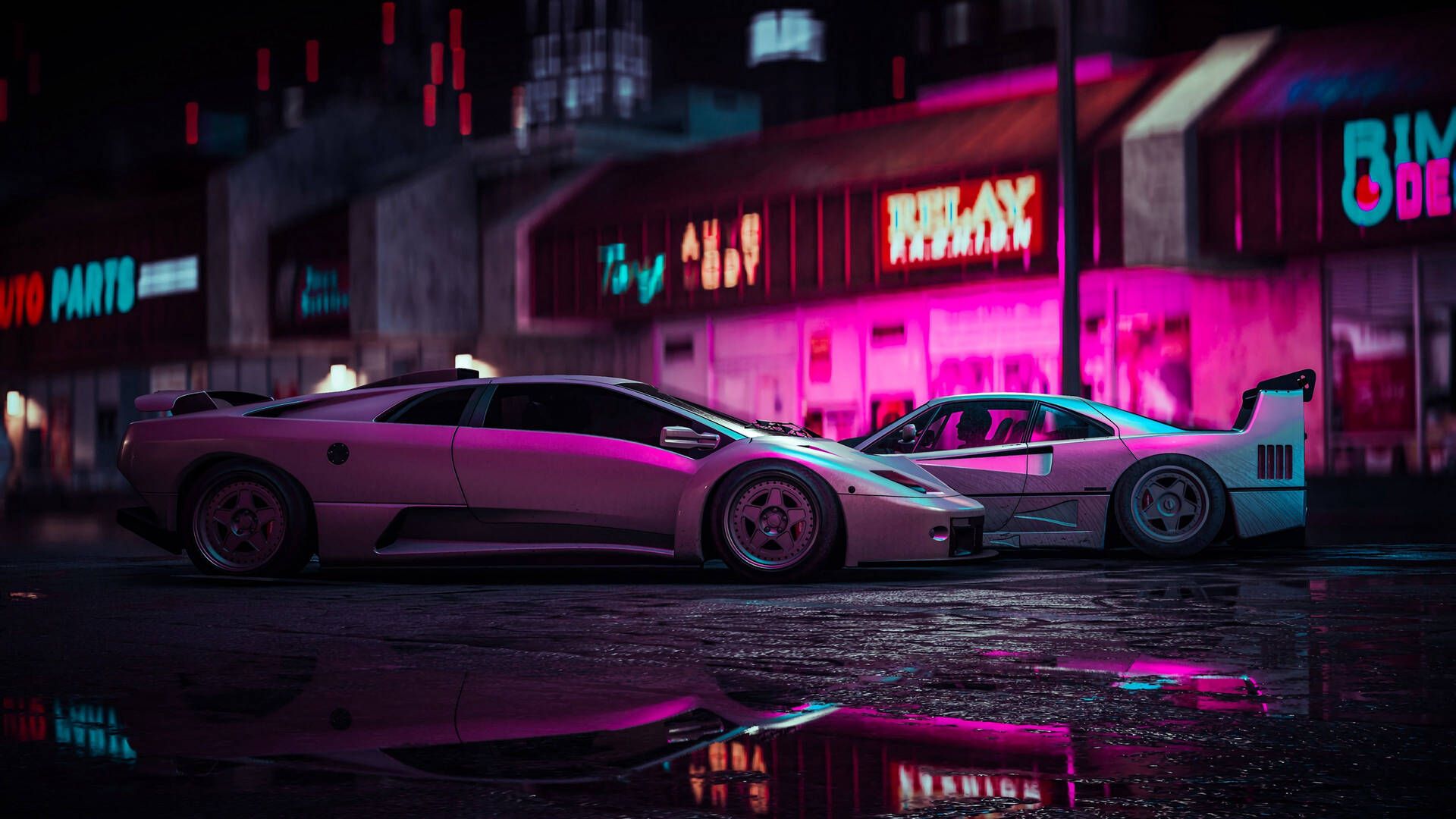 Lamborghini Diablo, Ferrari F40, Neonlicht, Nacht, Spiegelung, Full HD, Desktop-Hintergrund