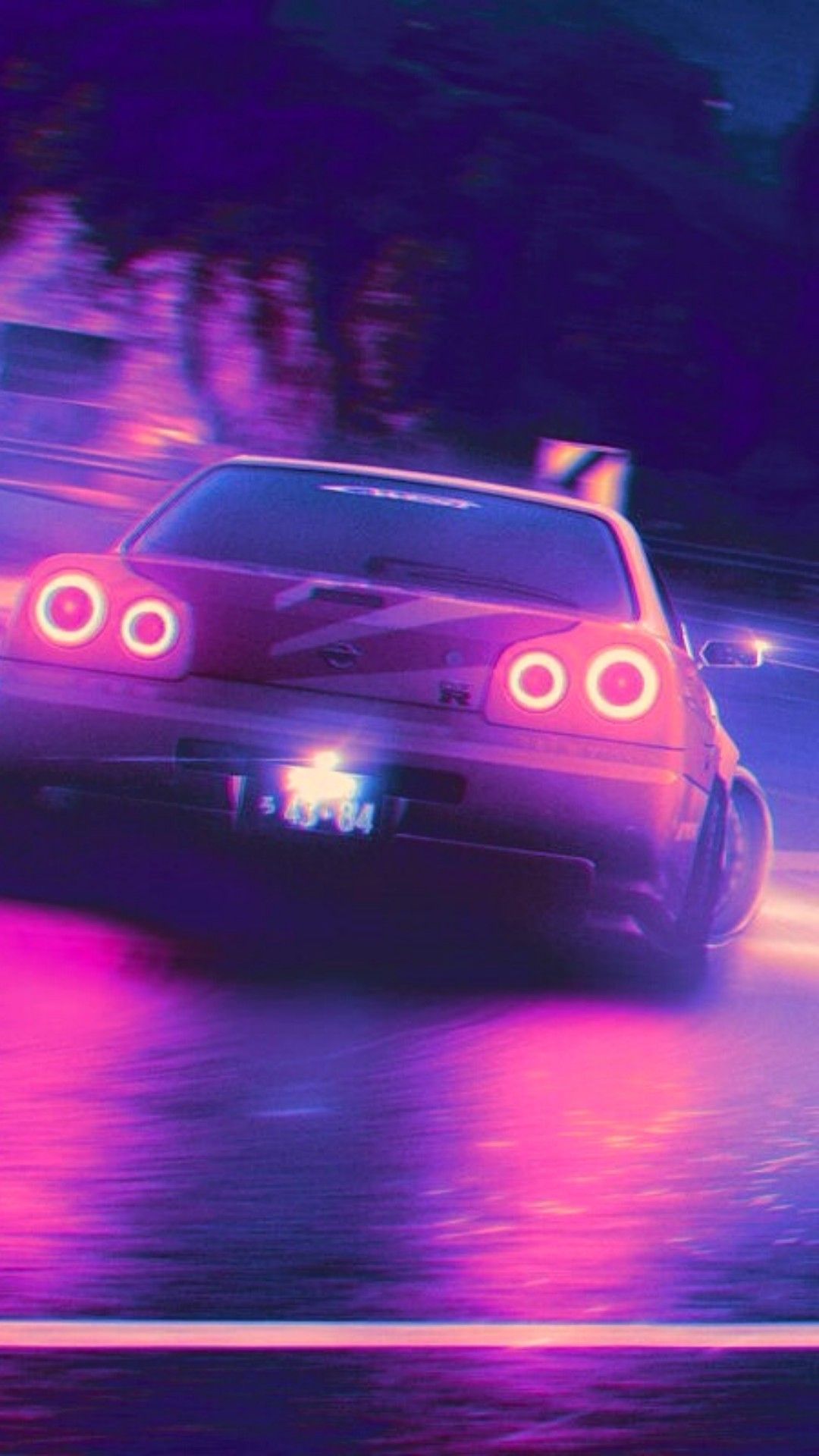 Nissan Skyline GT-R R34, Rückleuchten, Lila Licht, Nacht, Neon, Full HD, iPhone-Hintergrundbild