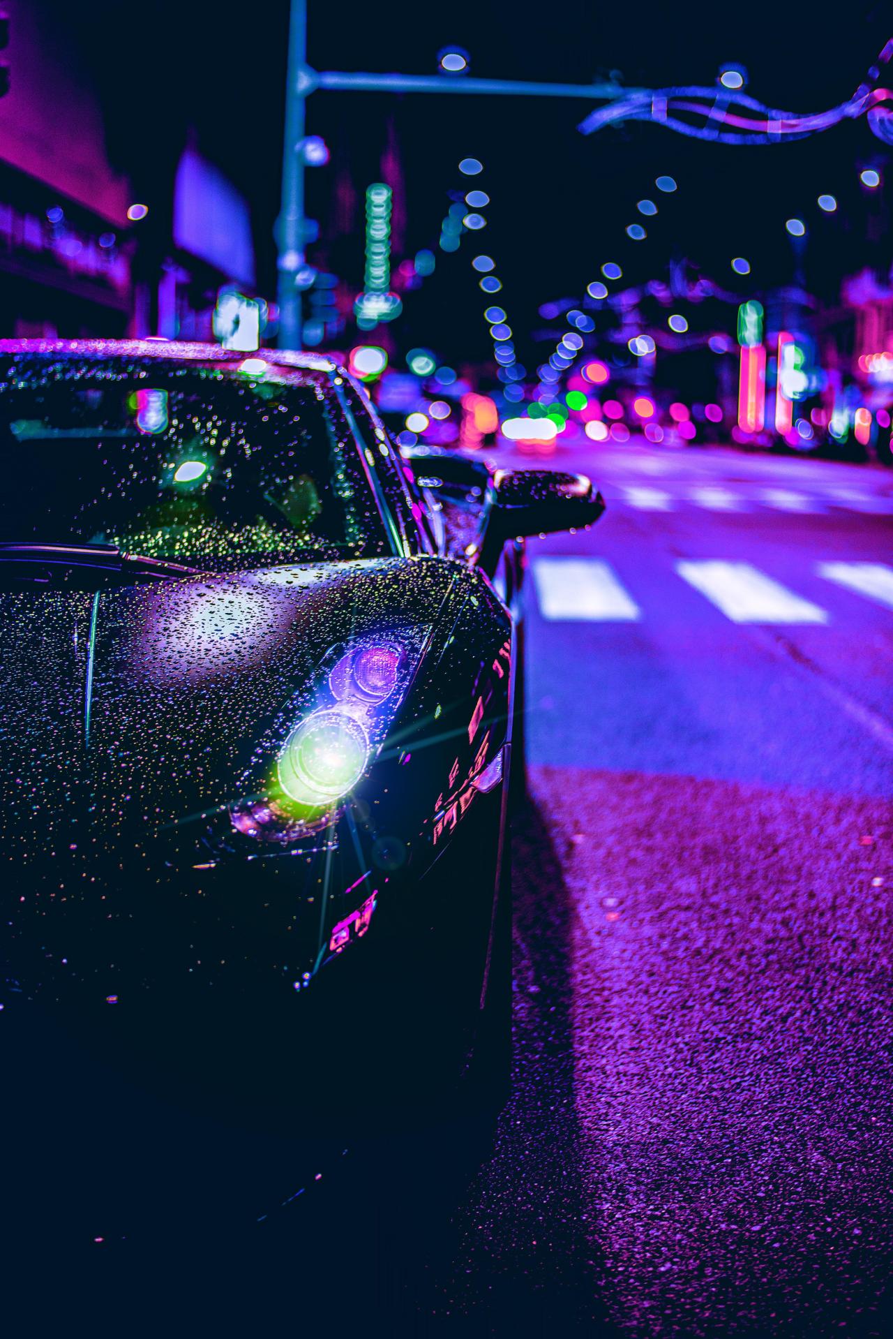 Sportwagen, Neonlicht, Lila, Nachtstraße, Cyberpunk, Full HD, iPad-Hintergrundbild