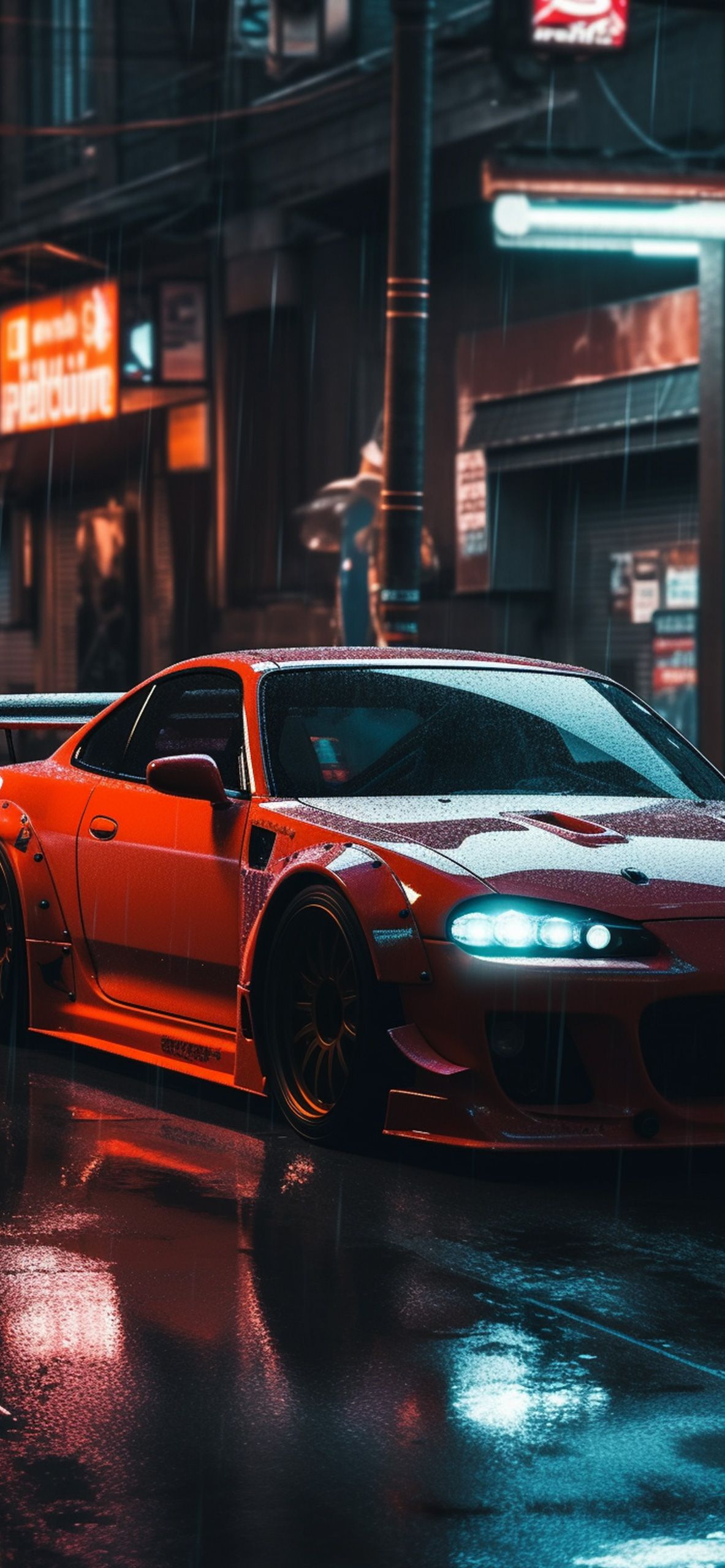 Toyota Supra MK4, Nacht, Regen, Neonlicht, Orange, Full HD, Sperrbildschirm fürs iPhone