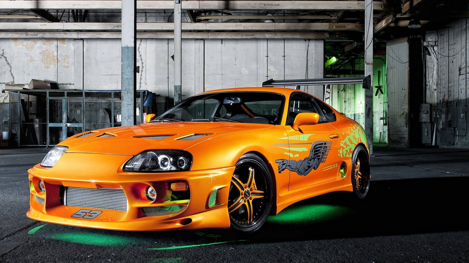 Toyota Supra MK4, The Fast and the Furious, Orange, Unterbodenbeleuchtung, Lagerhalle, Full-HD-Hintergrund