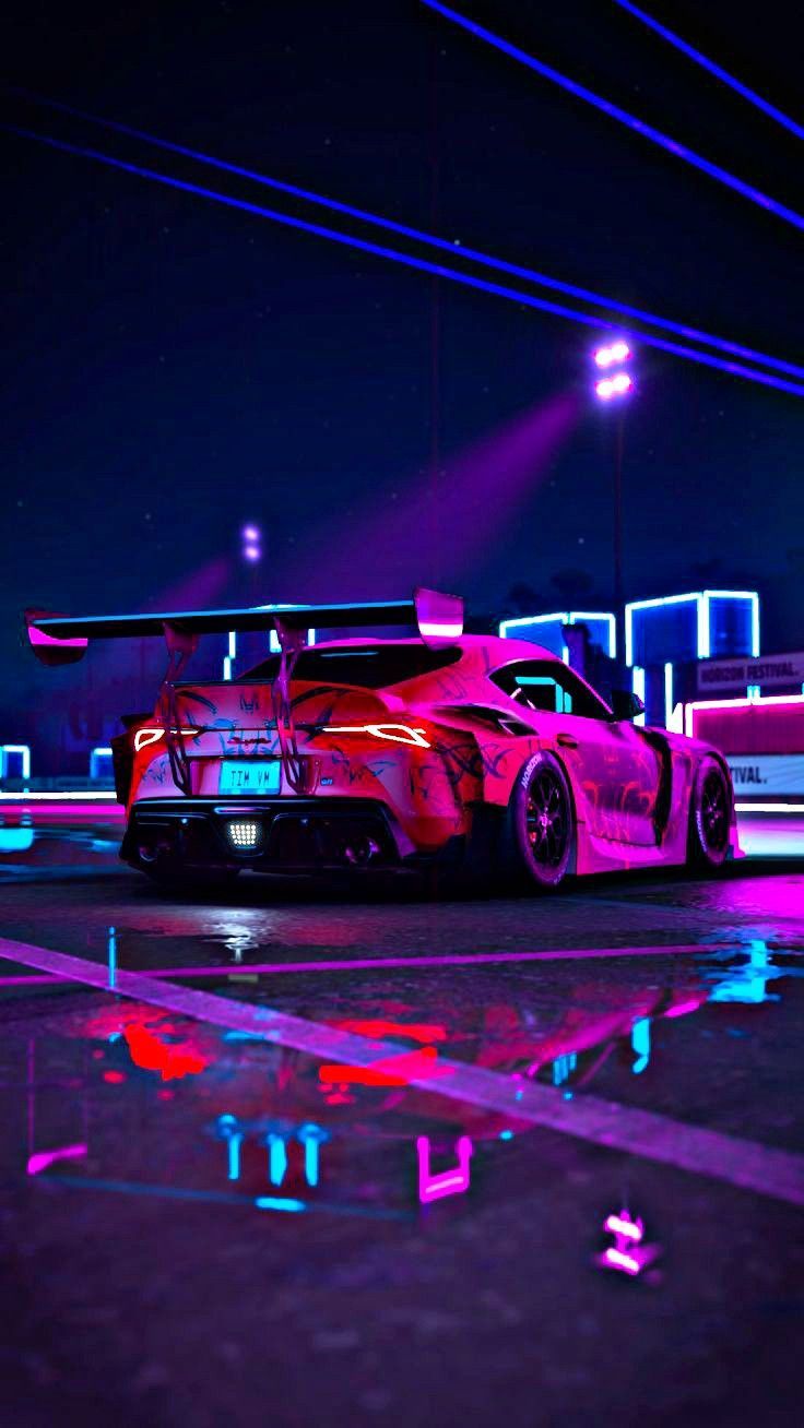 Toyota GR Supra, Neonlicht, Lila, Spiegelung, Synthwave, HD, Handy-Hintergrundbild