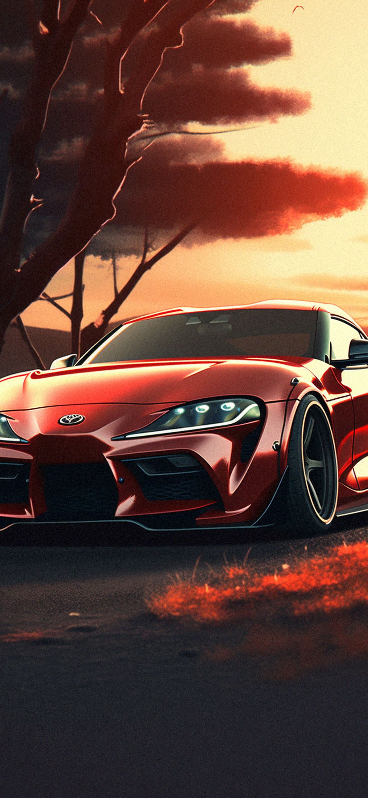 Toyota GR Supra, Rot, Herbst, Abendlicht, Full HD, Handy-Hintergrund im Hochformat