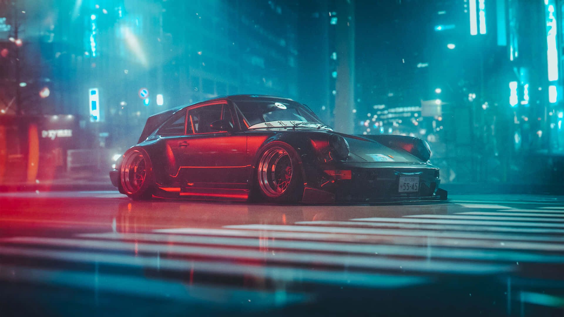 Porsche 911, Neonlicht, Nachtstadt, Zebrastreifen, Türkis und Rot, Full HD, Breitbild-Hintergrundbild