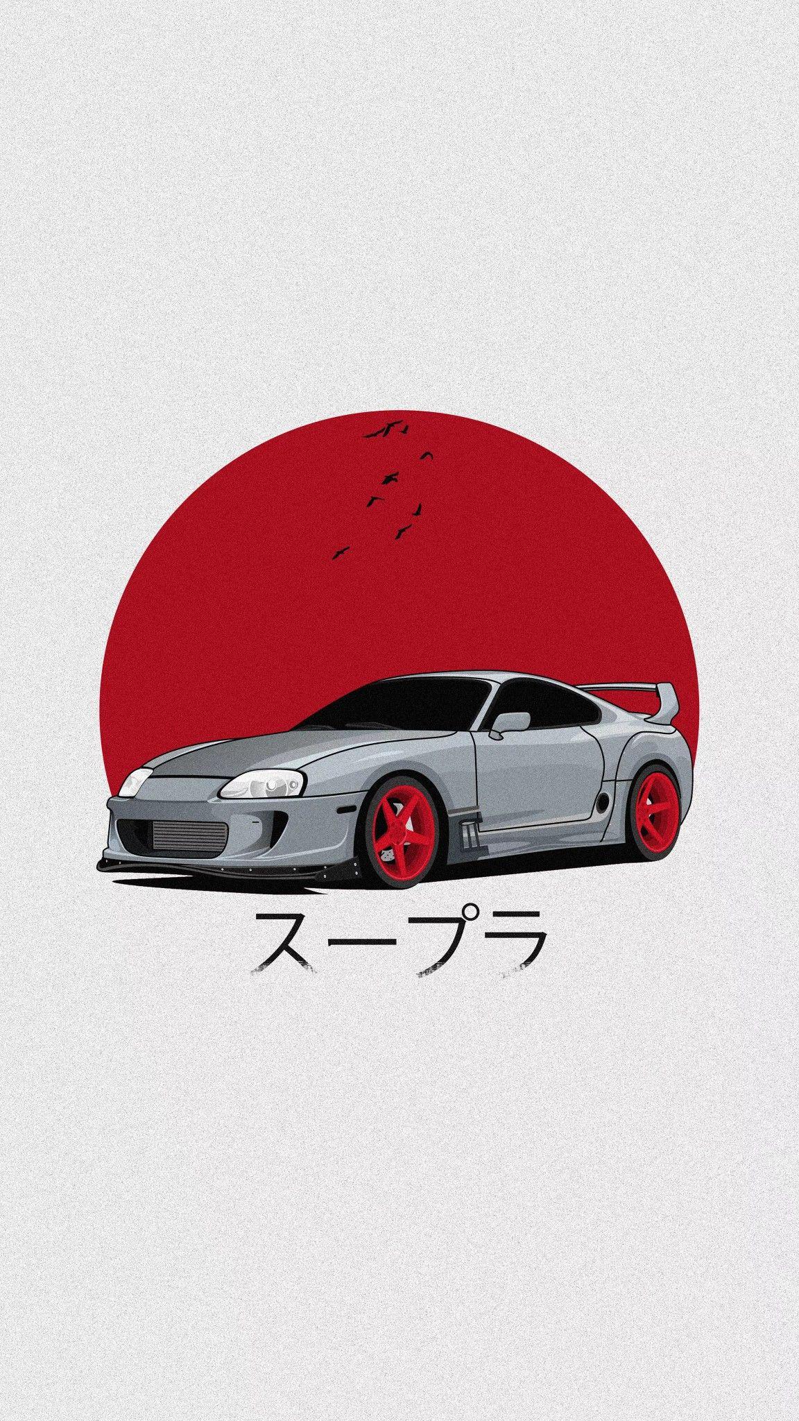 Toyota Supra MK4, Japanische Schrift, Rote Sonne, Minimalistisch, Illustration, Handy-Hintergrundbild