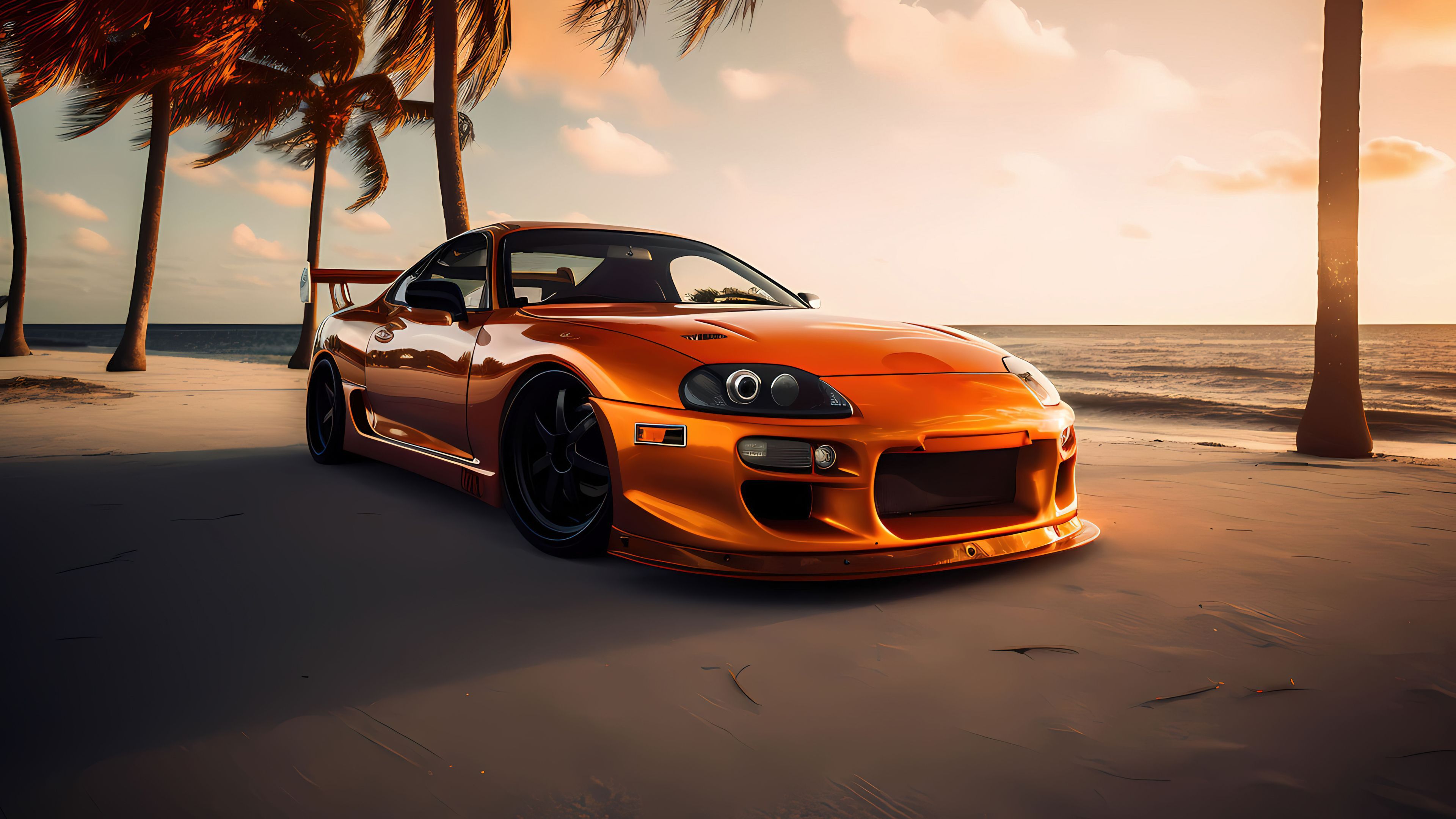 Toyota Supra MK4, Orange, Strand, Palmen, Sonnenuntergang, 4K, Windows-Hintergrundbild