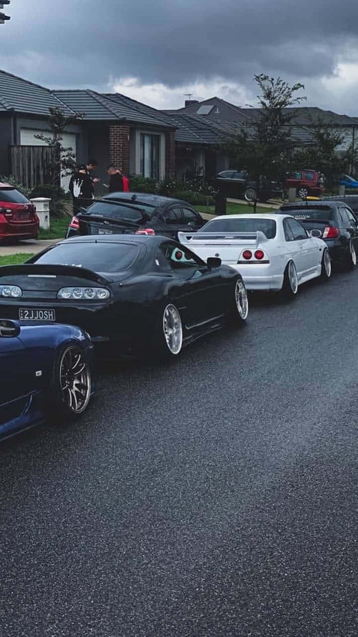 JDM, Straße, Wohngebiet, Schwarz, Autotreffen, HD, Handy-Hintergrund im Hochformat