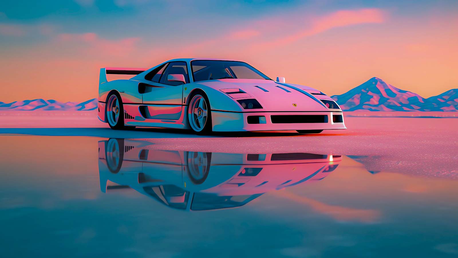 Ferrari F40, Synthwave, Spiegelung, Berge, Pastellhimmel, HD, PC-Hintergrundbild