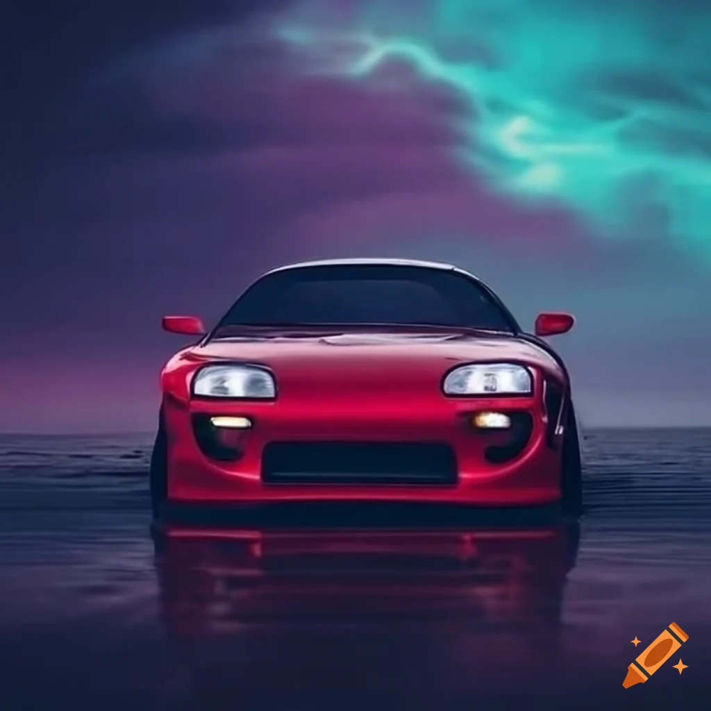 Toyota Supra MK4, Rot, Digitale Kunst, Polarlicht, Lila, Hintergrundbild fürs iPad