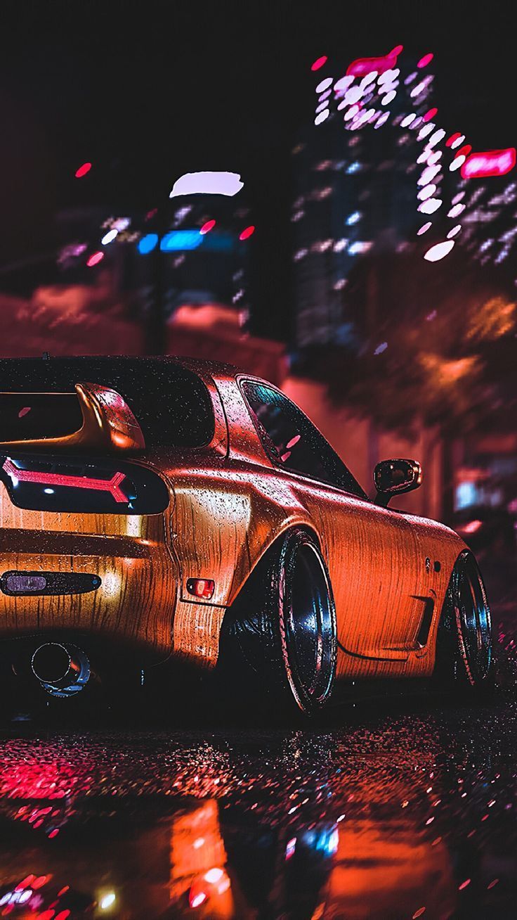 Porsche 911, Neonlicht, Nachtstadt, Regen, Heckansicht, Hochformat, Hintergrundbild fürs Smartphone
