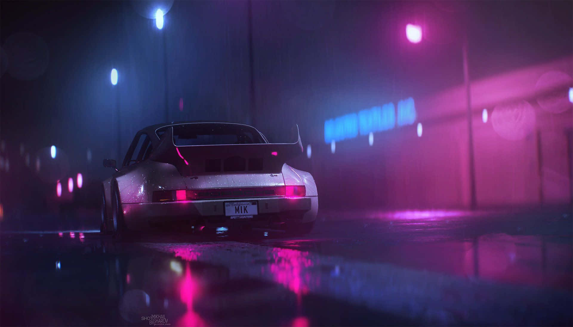 Porsche 911, Neonlicht, Pink, Nacht, Regennasse Straße, Full HD, Desktop-Hintergrund für Windows