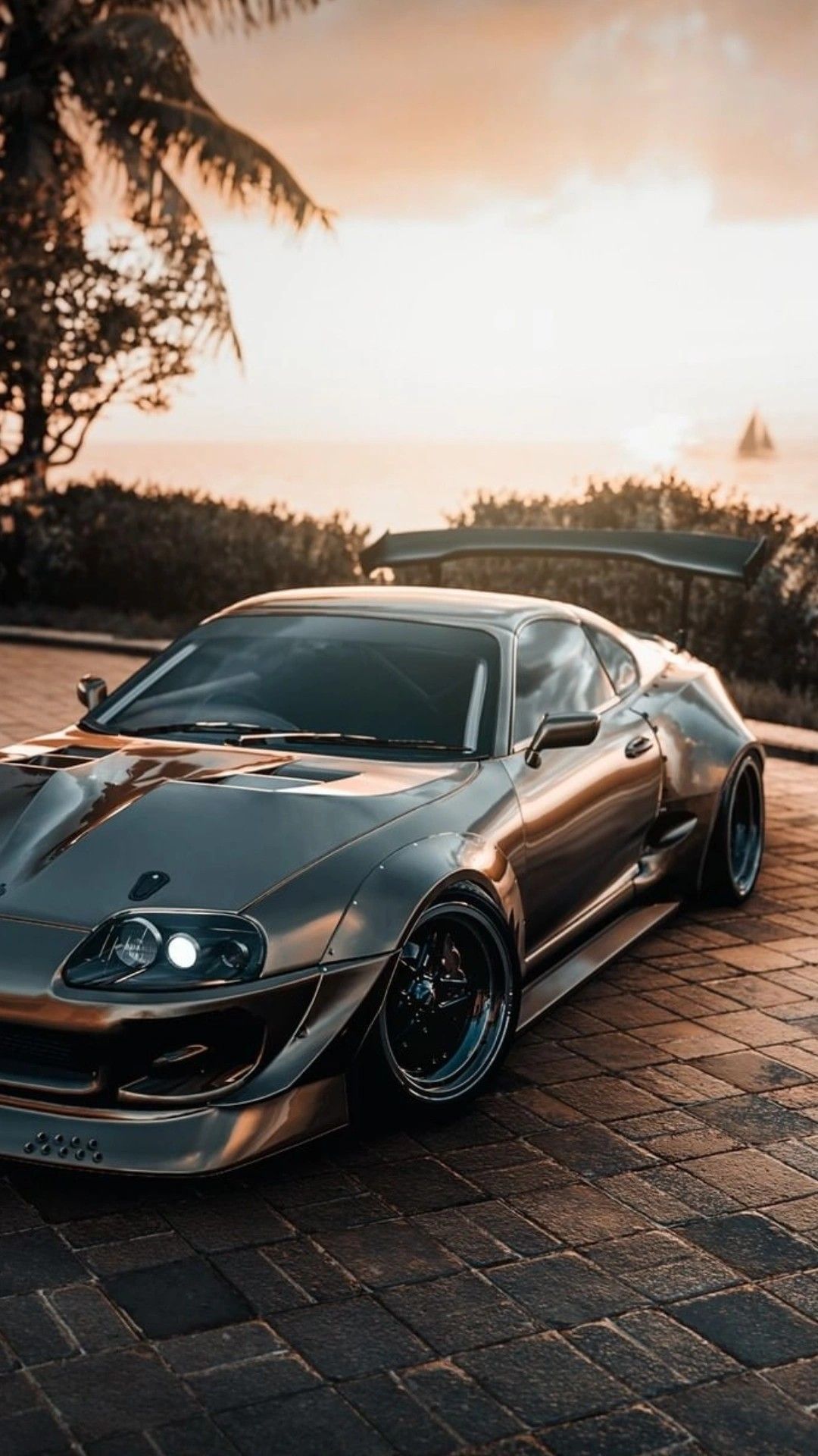 Toyota Supra MK4, Grau, Kopfsteinpflaster, Sonnenuntergang, Android-Hintergrundbild