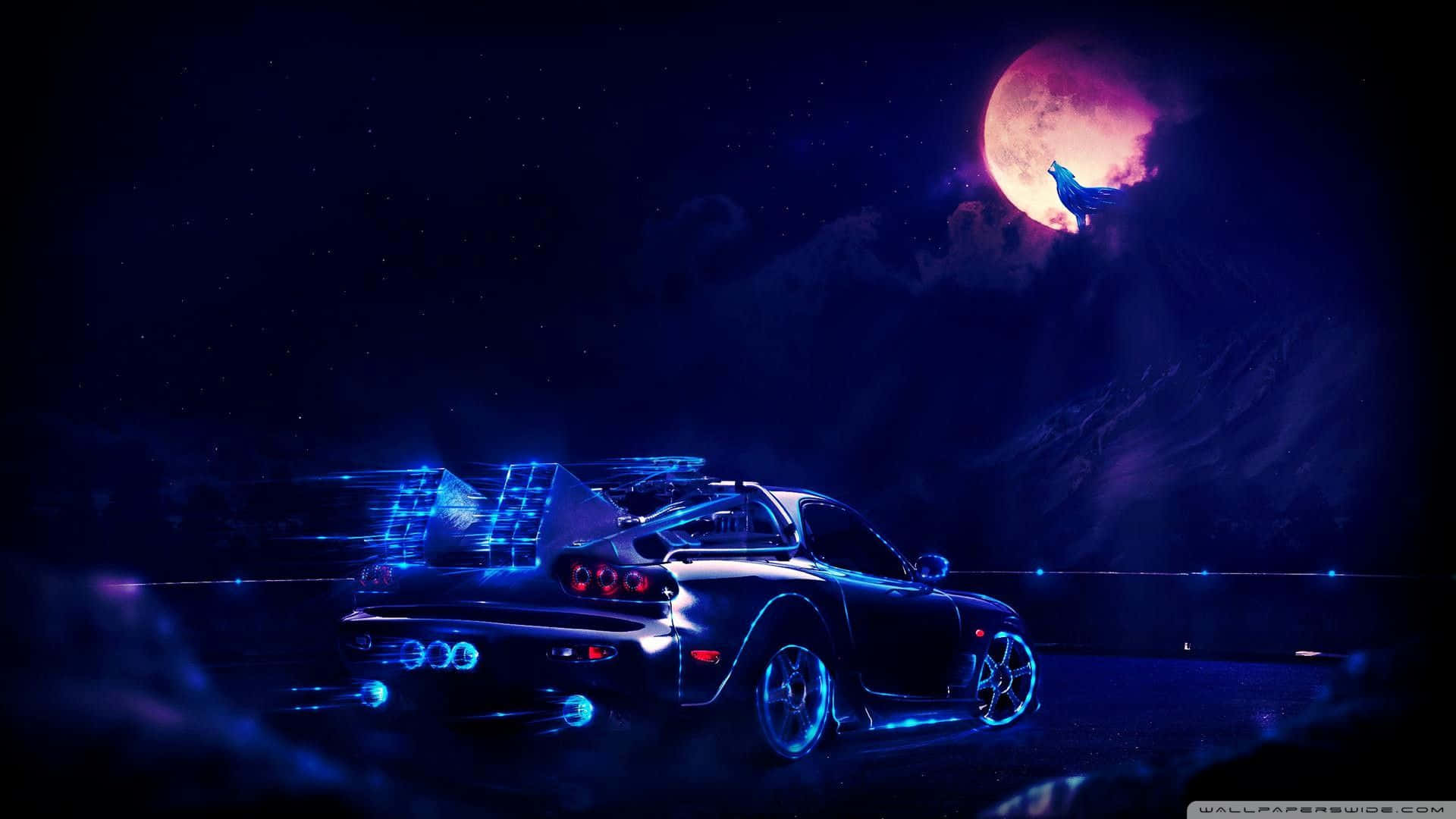 Sportwagen, Mond, Neonblau, Nacht, Digitale Kunst, Full HD 1080p, Desktop-Hintergrundbild