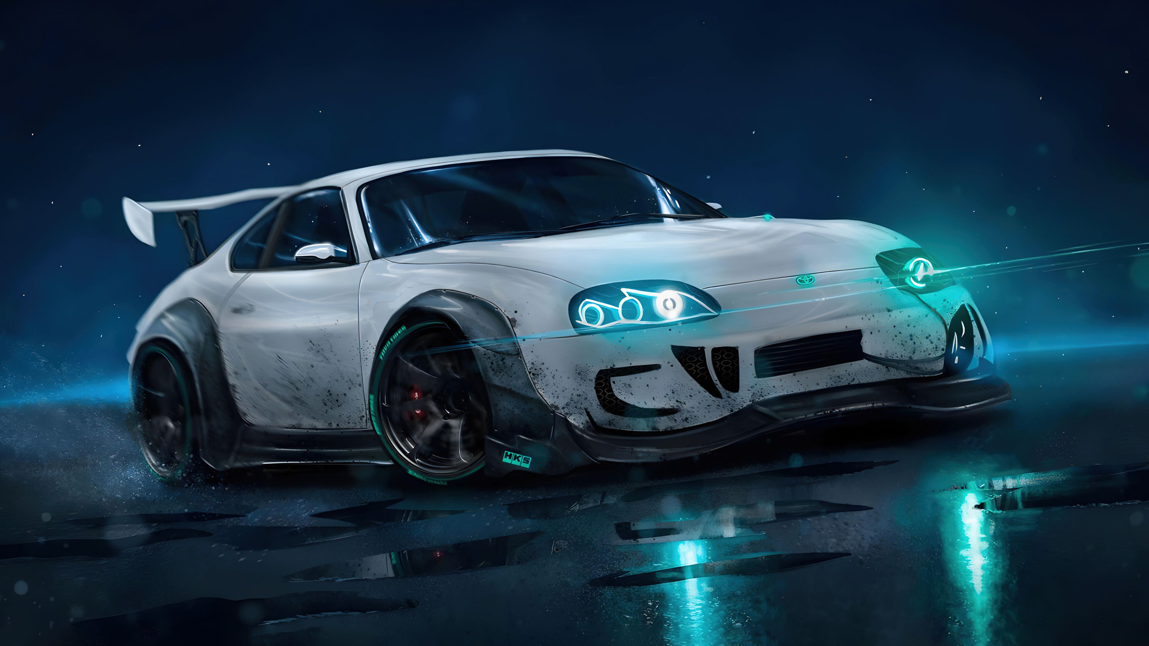 Toyota Supra MK4, Weiß, Digitale Kunst, Bodykit, Neonlicht, 4K, Breitbild-Hintergrundbild