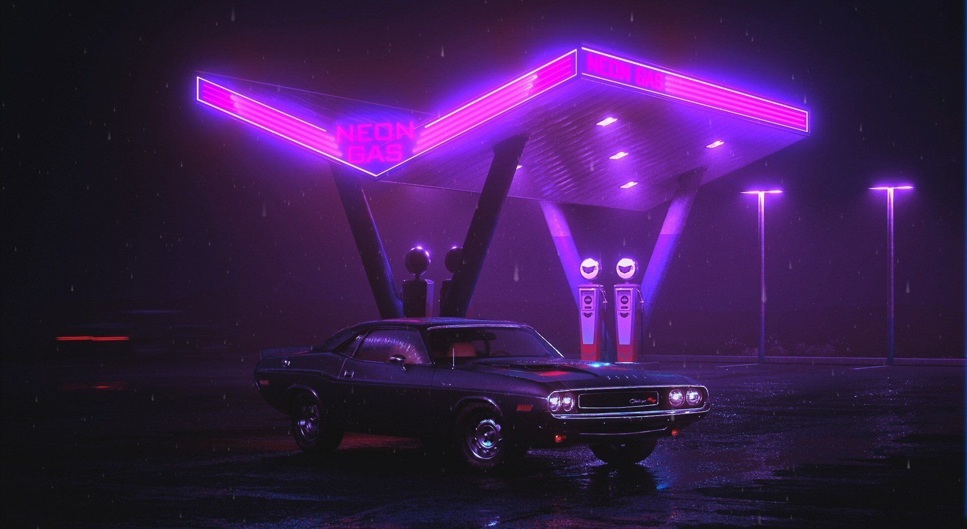 Dodge Challenger, Neon-Tankstelle, Lila, Nacht, Muscle Car, Full-HD-Hintergrundbild für PC