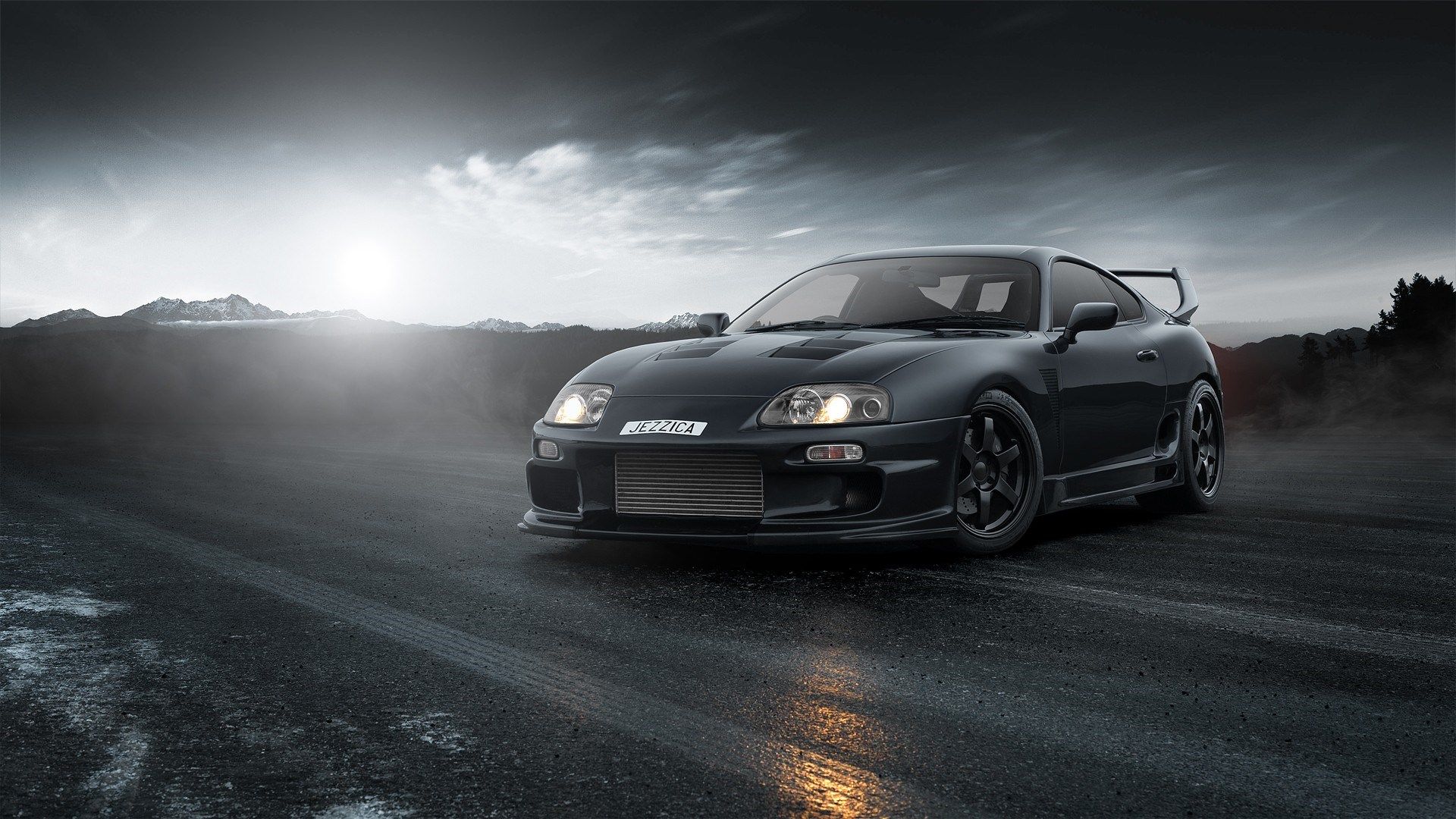 Toyota Supra MK4, Schwarz, Bergstraße, Dramatischer Himmel, Monochrom, 1920x1080, Desktop-Hintergrund