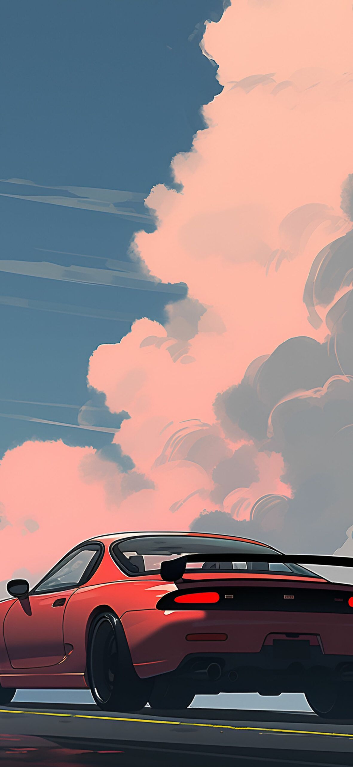 Sportwagen, Wolken, Illustration, Rot, Pastell, Full HD, Hintergrundbild fürs Handy
