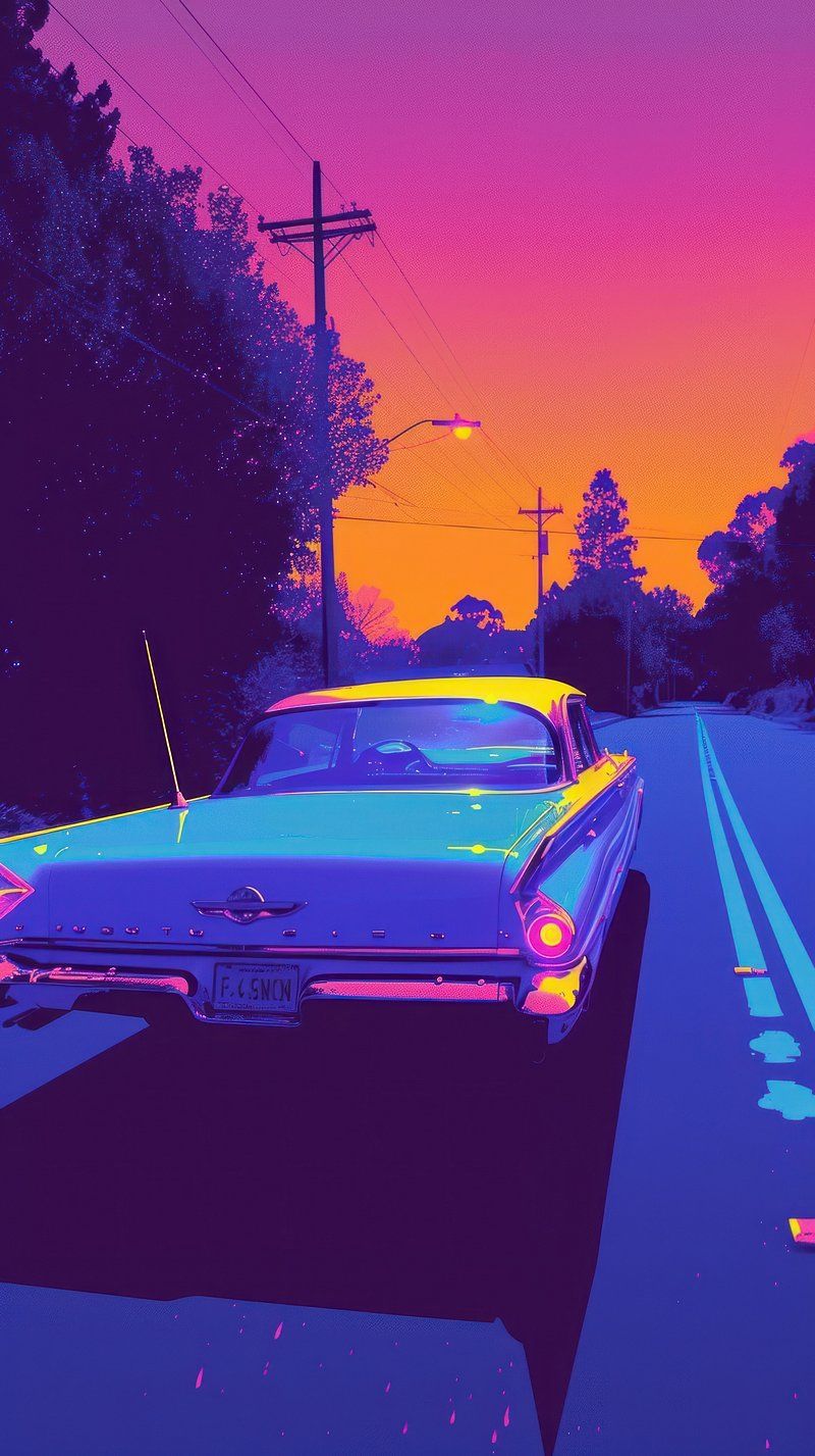 Oldtimer, Synthwave, Straße, Sonnenuntergang, Lila, HD, Hintergrundbild fürs Handy