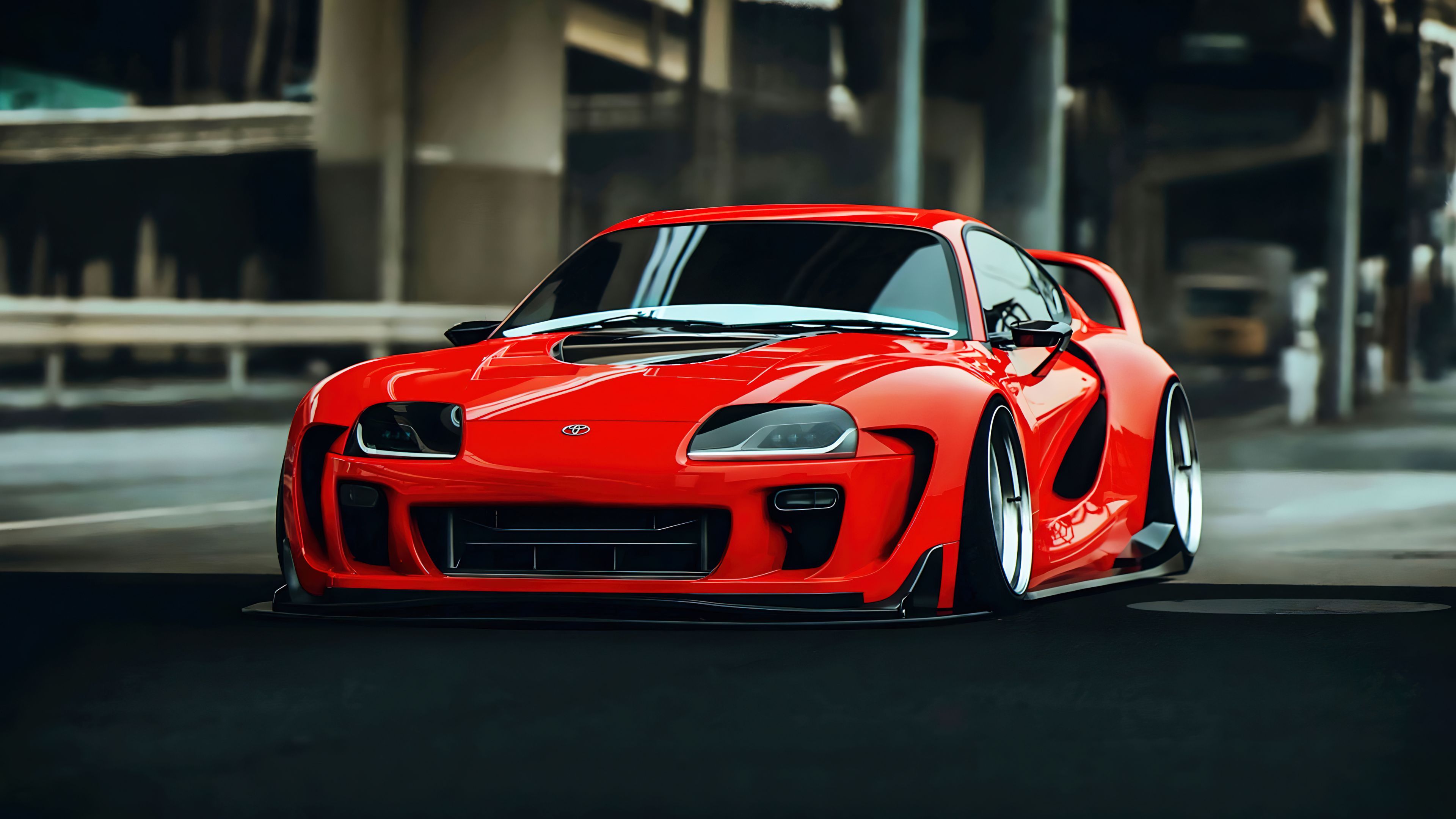 Toyota Supra MK4, Rot, Widebody, Parkhaus, Tuning, 4K, Hintergrundbild für den PC