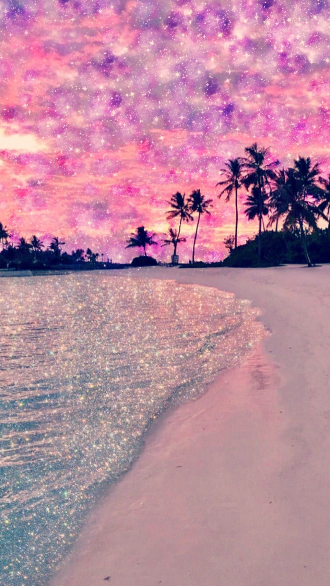 Strand, Palmen, Glitzersand, Lila Himmel, Abenddämmerung, Full HD, iPhone-Hintergrundbild