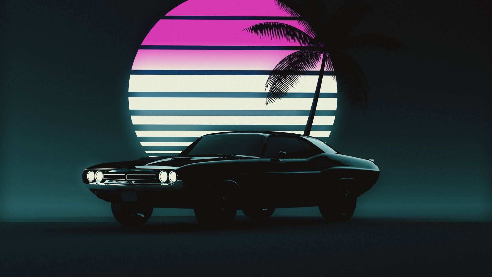 Muscle Car, Synthwave, Retro-Sonne, Palme, Silhouette, 16:9, Full-HD-Hintergrundbild für den Desktop