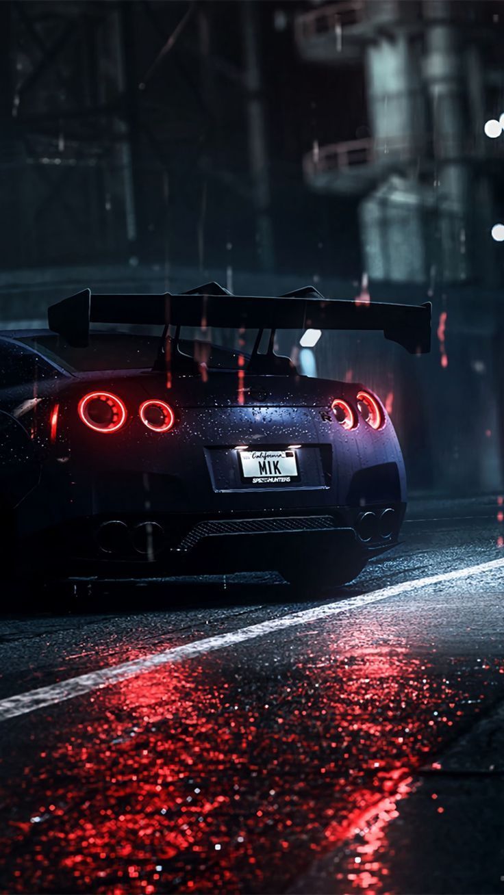 Nissan GT-R, Rückleuchten, Nasse Straße, Nacht, Heckansicht, HD, iPhone-Hintergrundbild