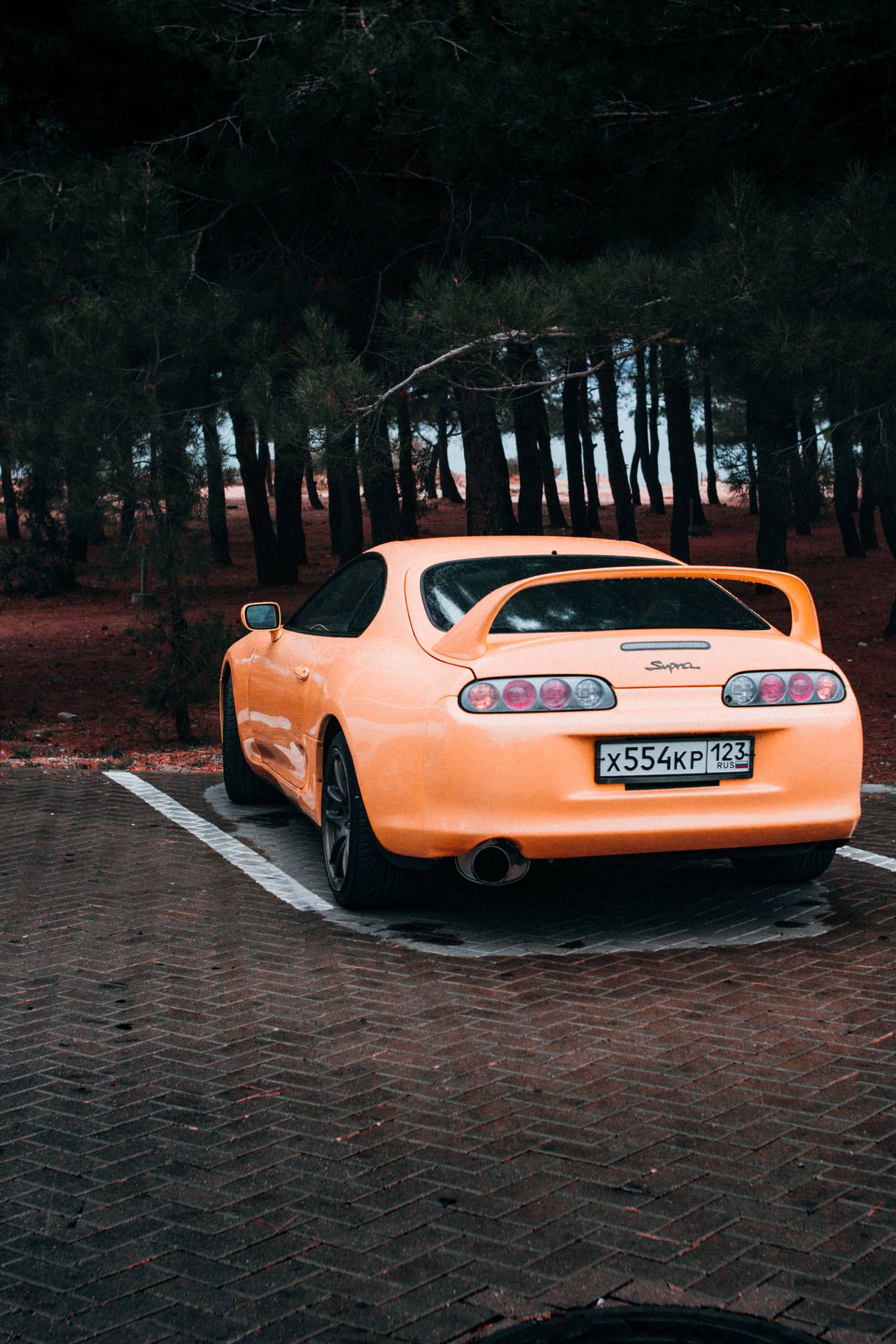 Toyota Supra MK4, Pfirsichfarben, Parkplatz, Wald, Full HD, Handy-Hintergrund im Hochformat