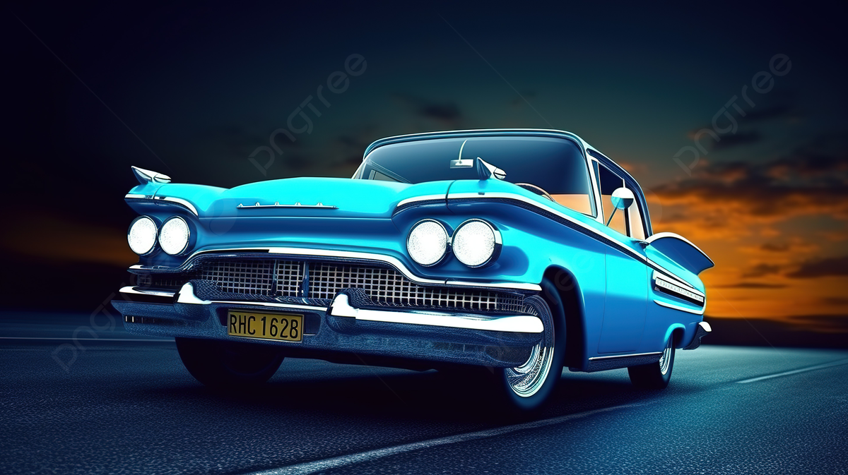 Oldtimer, Türkis, Heckflossen, Sonnenuntergang, Digitale Kunst, Hintergrundbild
