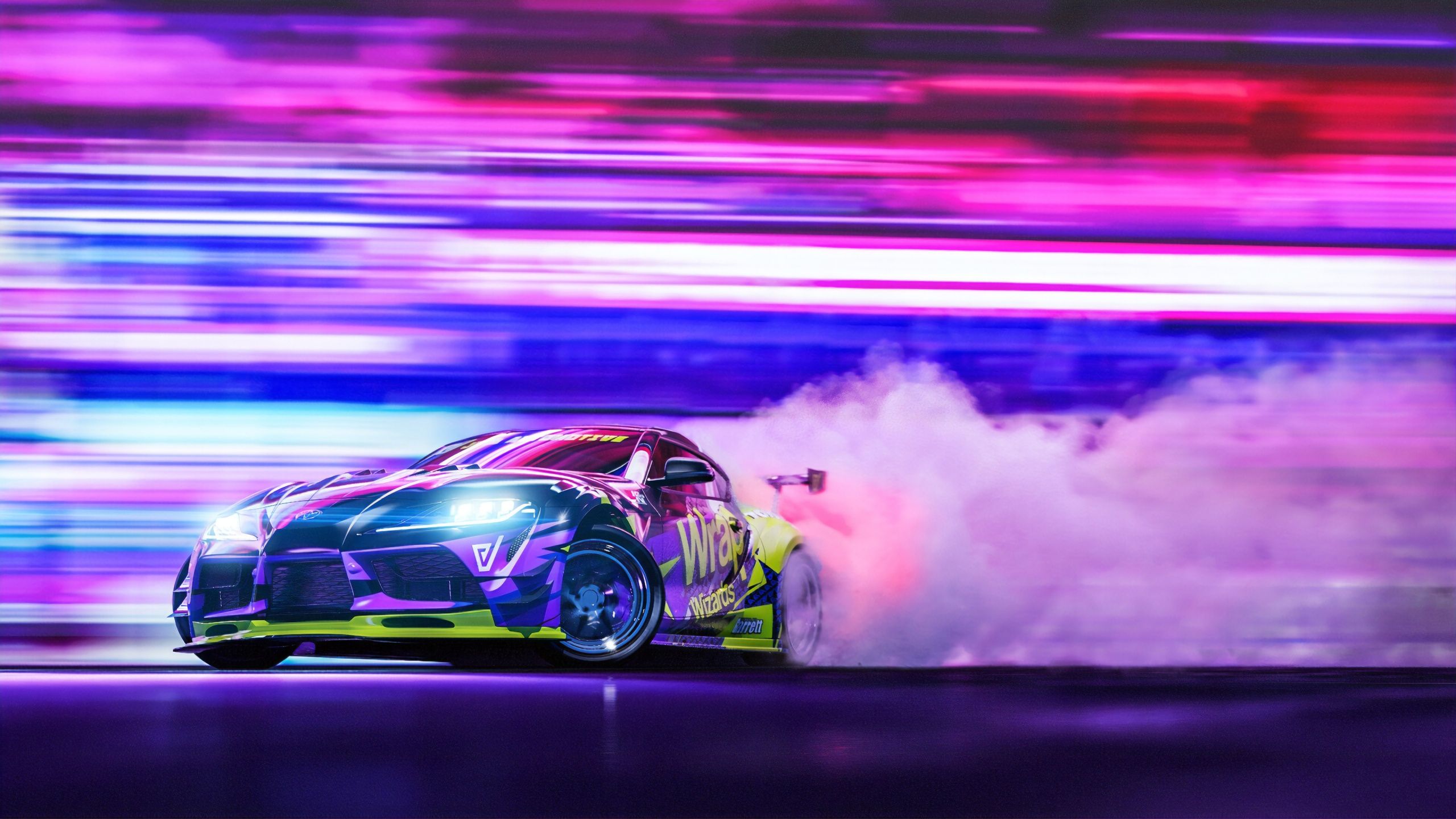 Toyota Supra, Drift, Rauch, Bewegungsunschärfe, Neonfarben, 2K, Breitbild-Hintergrundbild