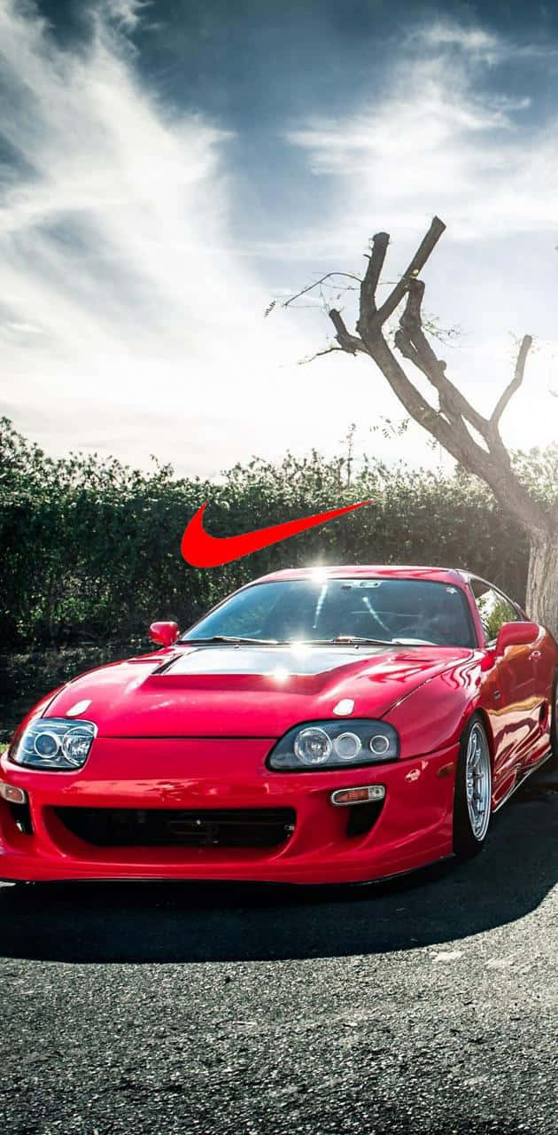 Toyota Supra MK4, Nike, Rot, Kahler Baum, Wolken, Hochformat, Hintergrundbild fürs Smartphone