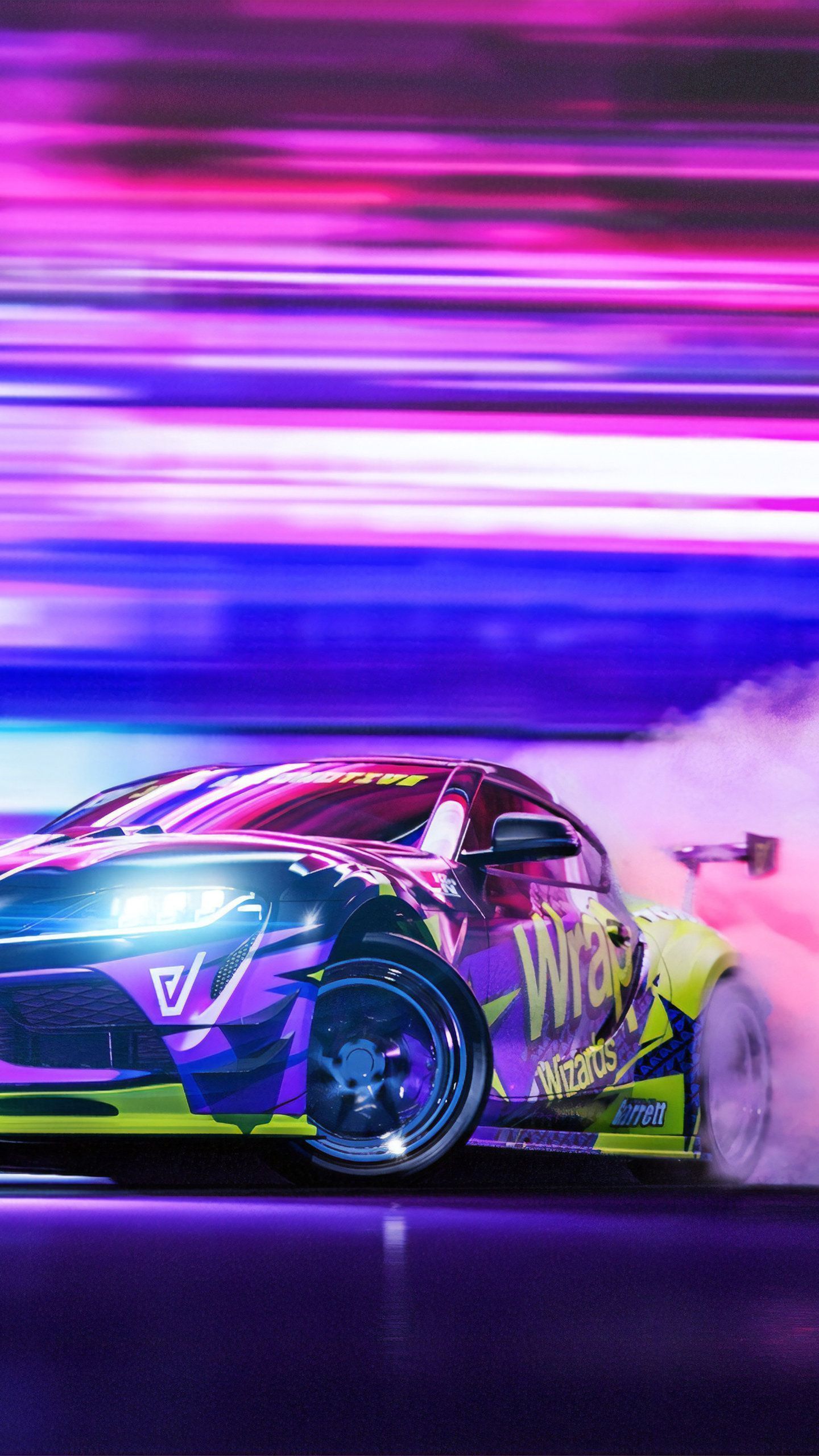 Toyota Supra, Drift, Bewegungsunschärfe, Lila, Neonfarben, QHD+, Handy-Hintergrundbild
