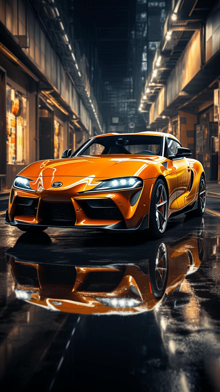 Toyota GR Supra, Orange, Spiegelung, Nacht, Digitale Kunst, HD, iPhone-Hintergrundbild