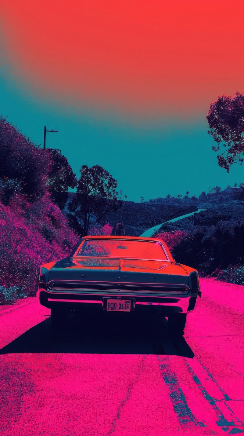 Muscle Car, Pinke Straße, Hügel, Retro, Farbverlauf, HD, Sperrbildschirm fürs iPhone