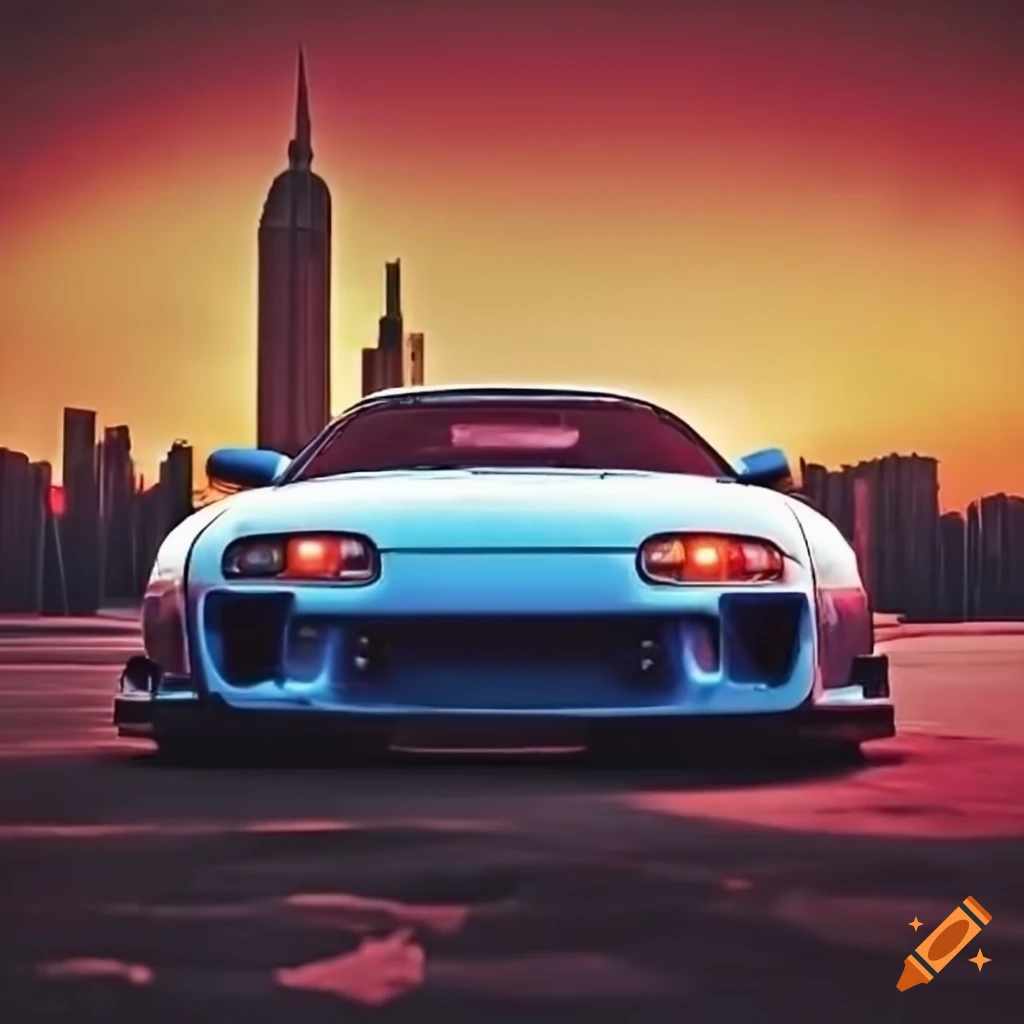 Toyota Supra MK4, New York City, Empire State Building, Skyline, Sonnenuntergang, Illustration, Tablet-Hintergrundbild