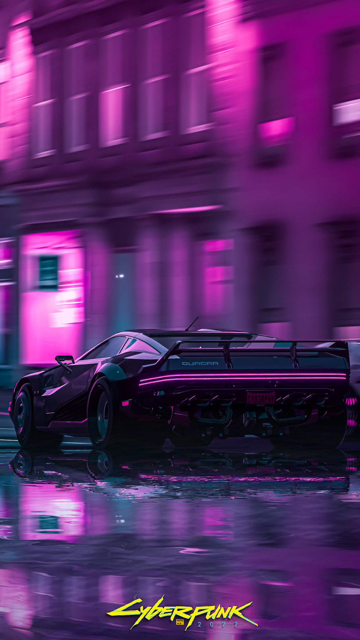 Cyberpunk 2077, Neonlicht, Lila, Spiegelung, Nachtstadt, Full HD, Handy-Hintergrund