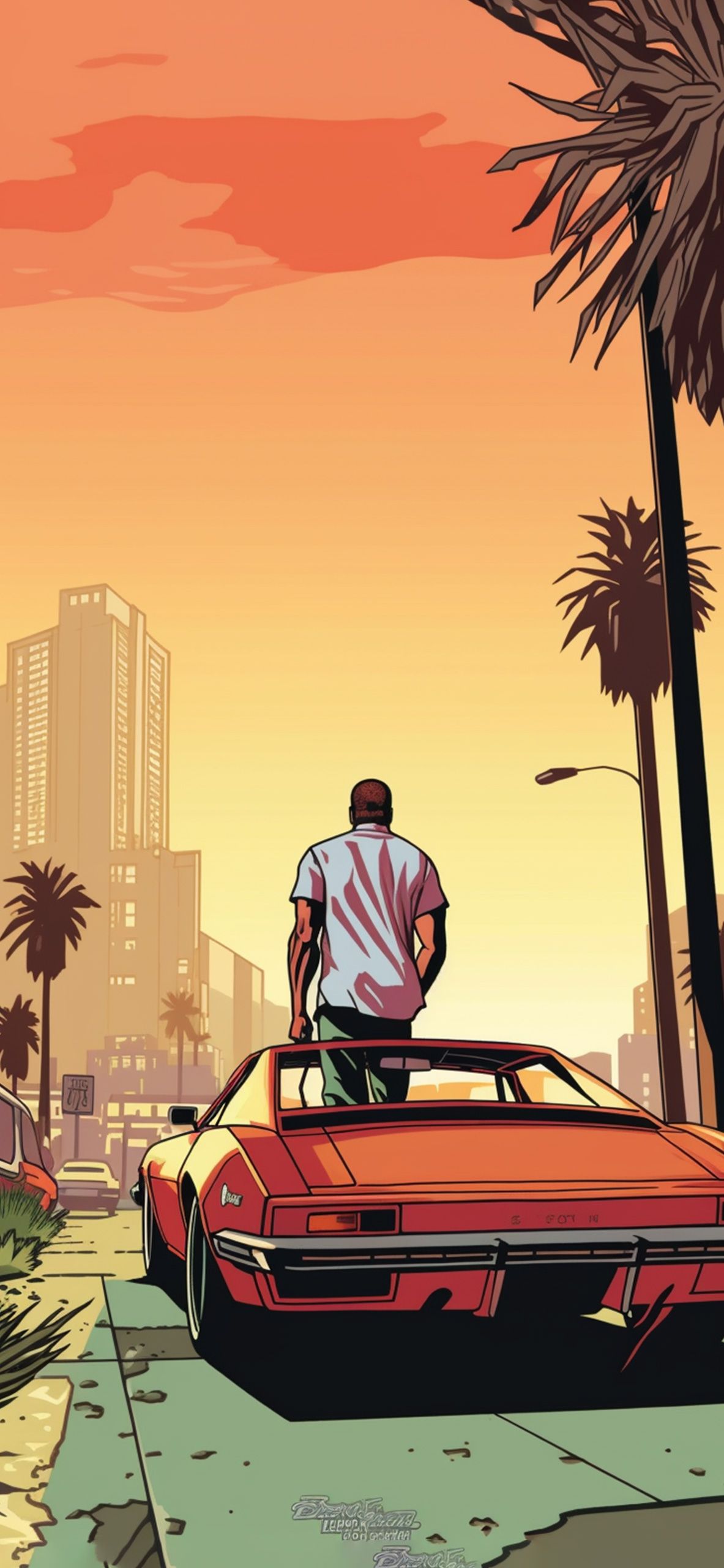 Illustration, Palmen, Mann auf Auto, Sonnenuntergang, Stadtsilhouette, Android-Hintergrundbild
