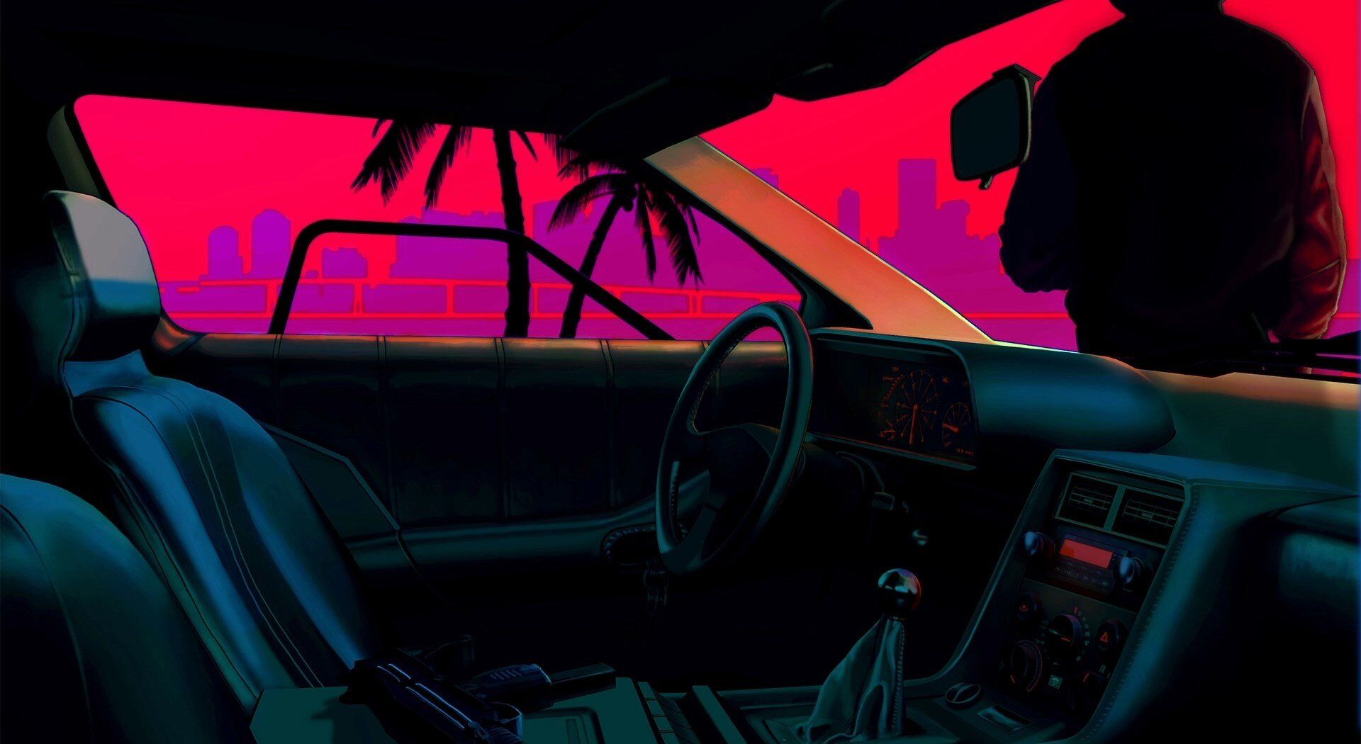 Cockpit, Fahrer, Palmen, Synthwave, Pink Himmel, Full HD, Desktop-Hintergrund für Windows