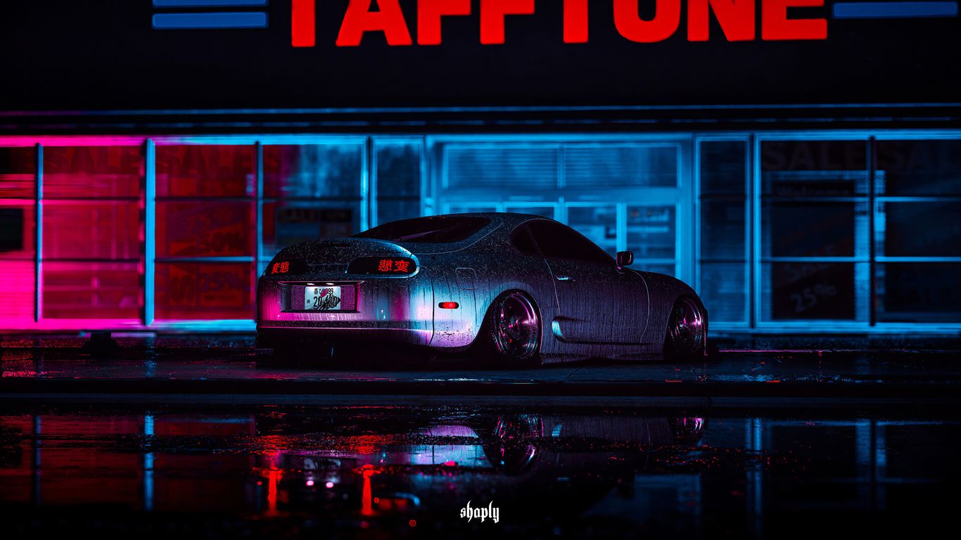 Toyota GR Supra, Neonlicht, Nacht, Spiegelung, 16:9, HD-Hintergrundbild für den Desktop