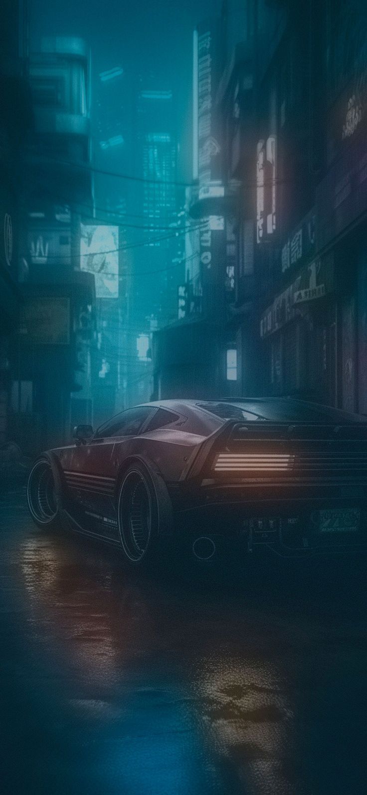 Nachtstadt, Regen, Rückleuchten, Cyberpunk, Türkis, Hochformat, Hintergrundbild fürs Smartphone