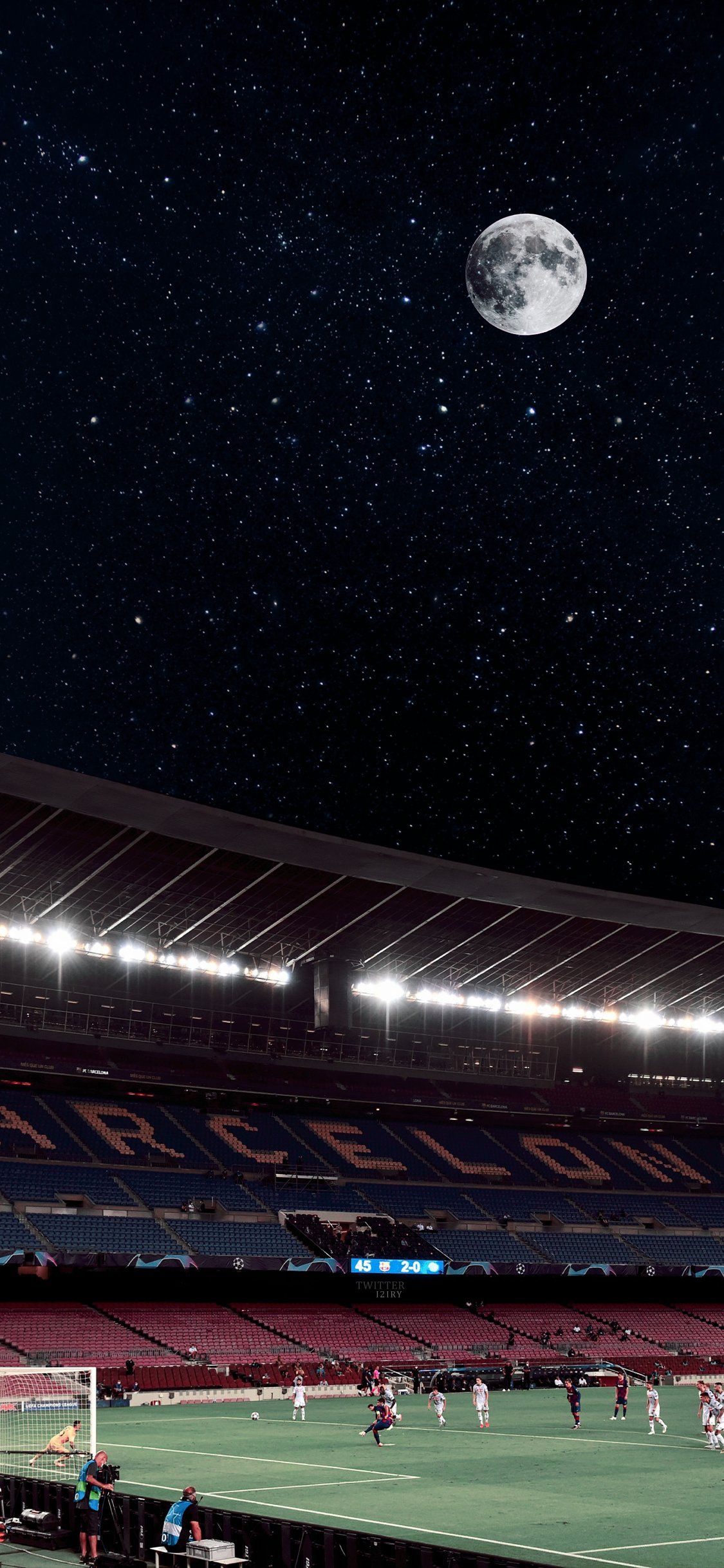 Camp Nou, FC Barcelona, Nachthimmel, Mond, Flutlicht, Stadion, 1125x2436, Handy-Hintergrund