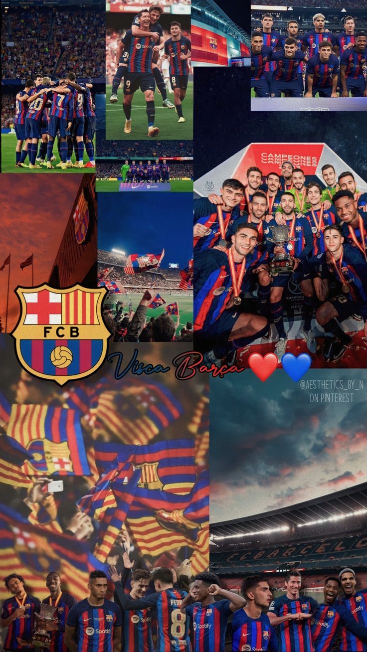 FC Barcelona, Collage, Mannschaft, Vereinswappen, Fans, Hochformat, Hintergrundbild fürs Smartphone