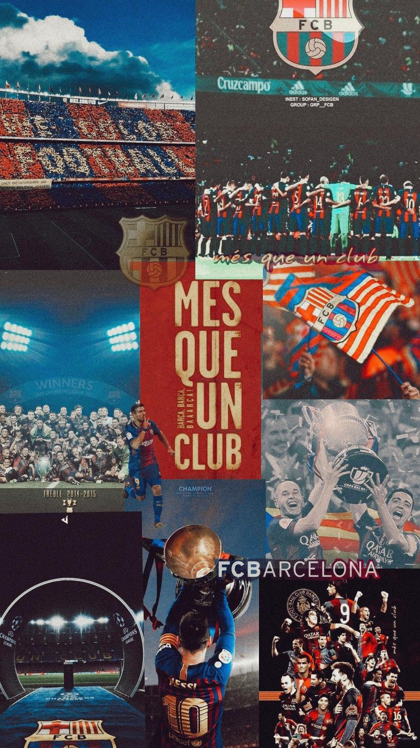 FC Barcelona, Més que un club, Collage, Camp Nou, Fans, HD, Handy-Hintergrund im Hochformat